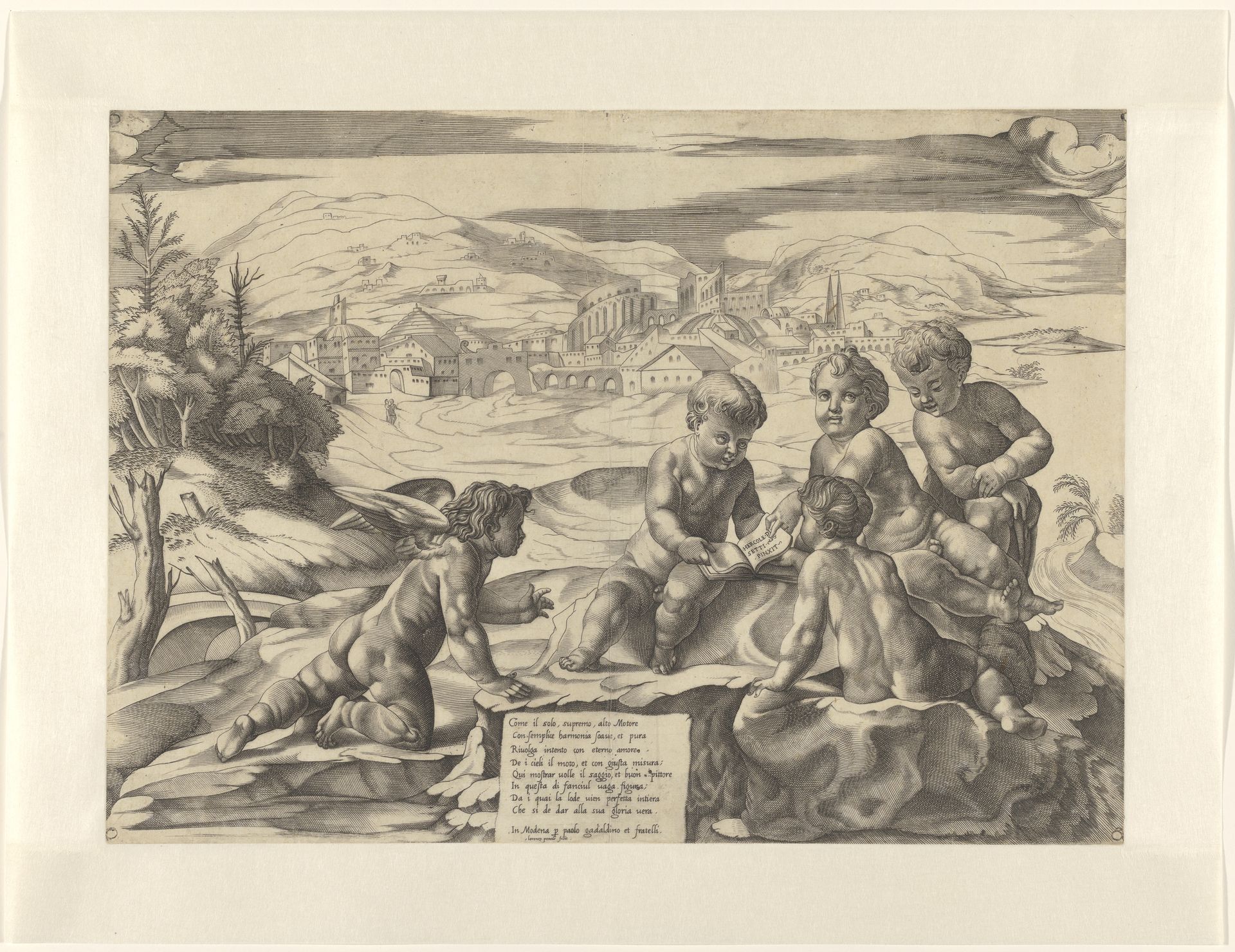 Vier jongetjes en een putto in een landschap by Lorenzo Penni