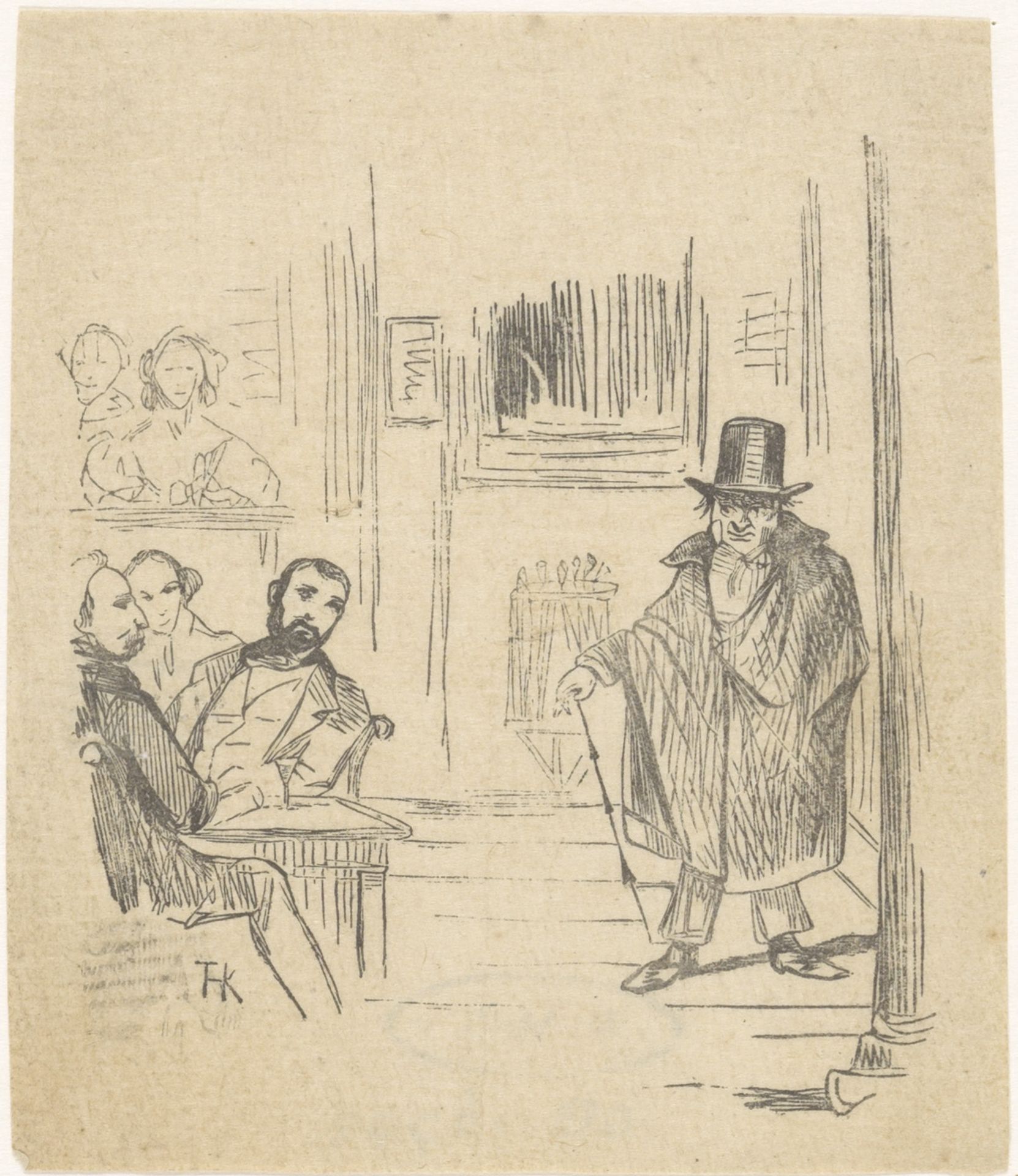 Man met hoed en wandelstaf die een café binnentreedt by Theodorus Henricus Kerstel
