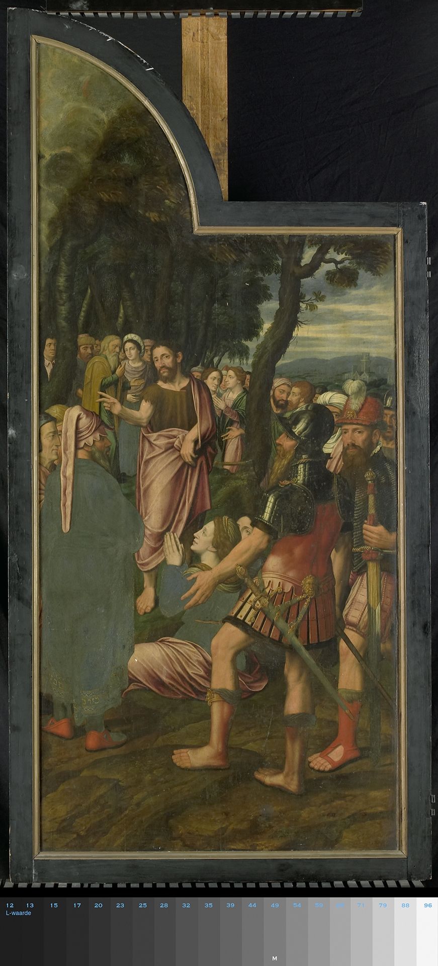 De prediking van Johannes de Doper, linkerpaneel van een drieluik by Jan van (II) Coninxloo