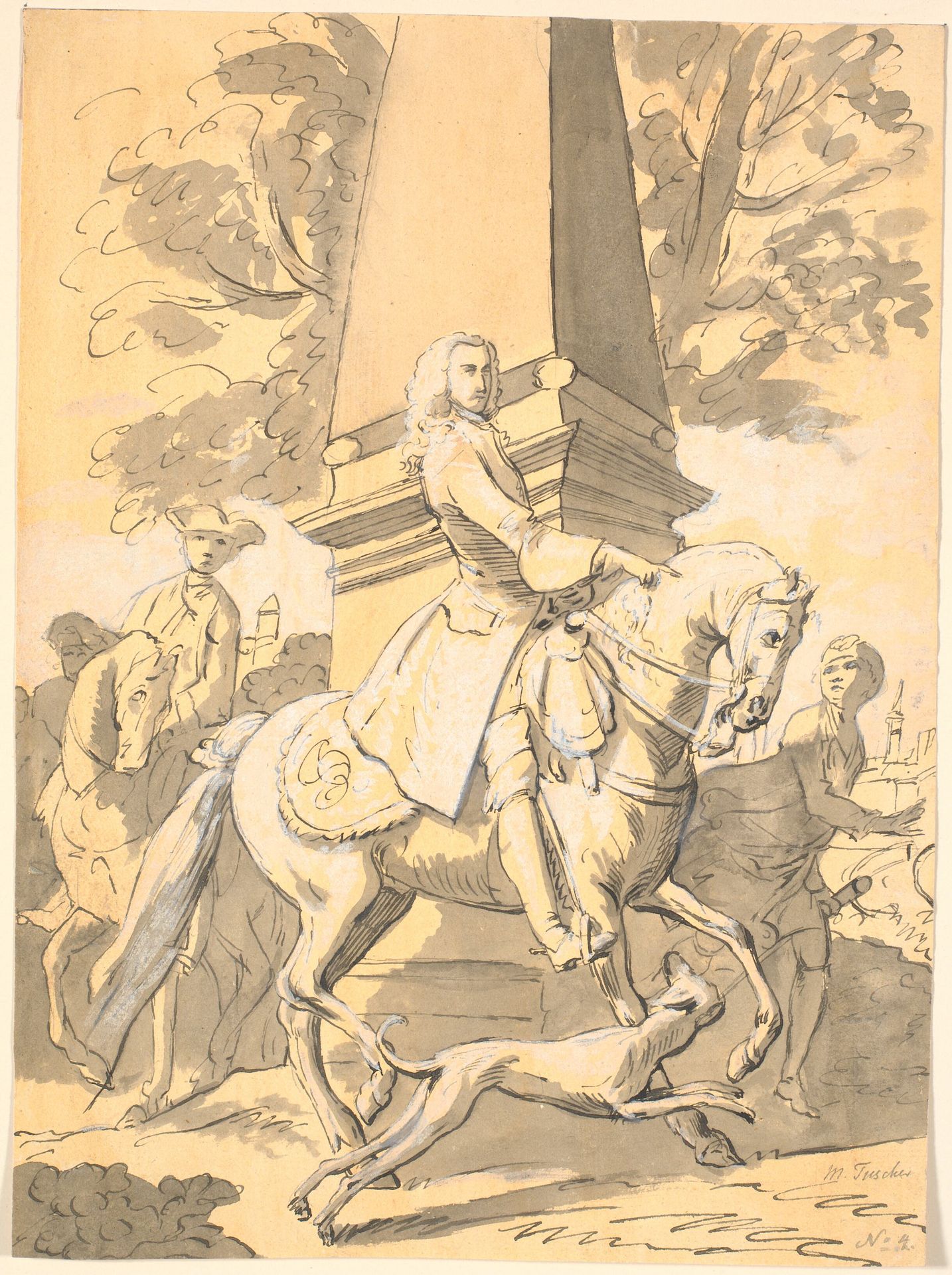 Fornem herre fulgt af tjenere rider forbi et monument by Marcus Tuscher