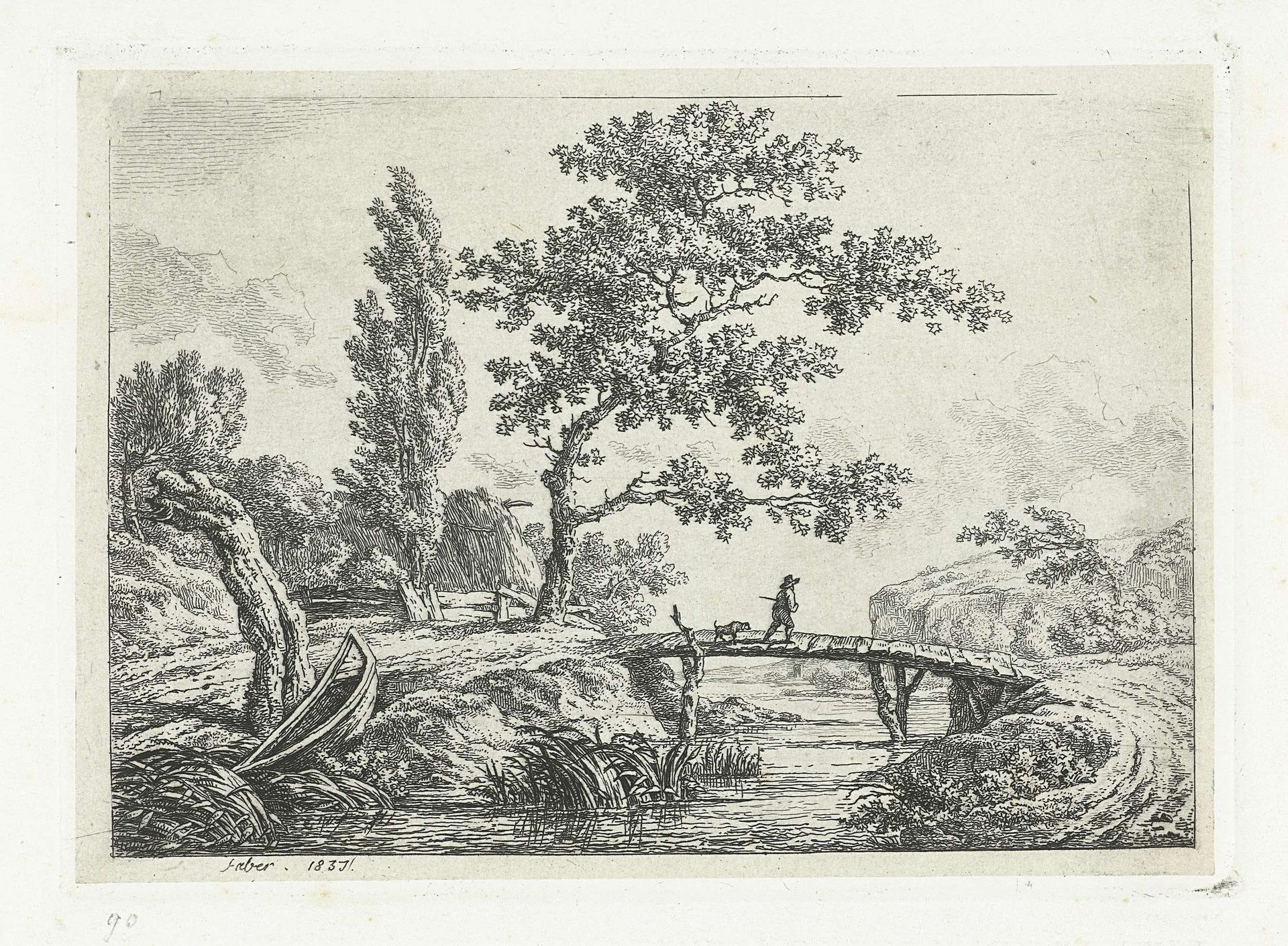 Landschap met man en hond op brug by Frédéric Théodore Faber