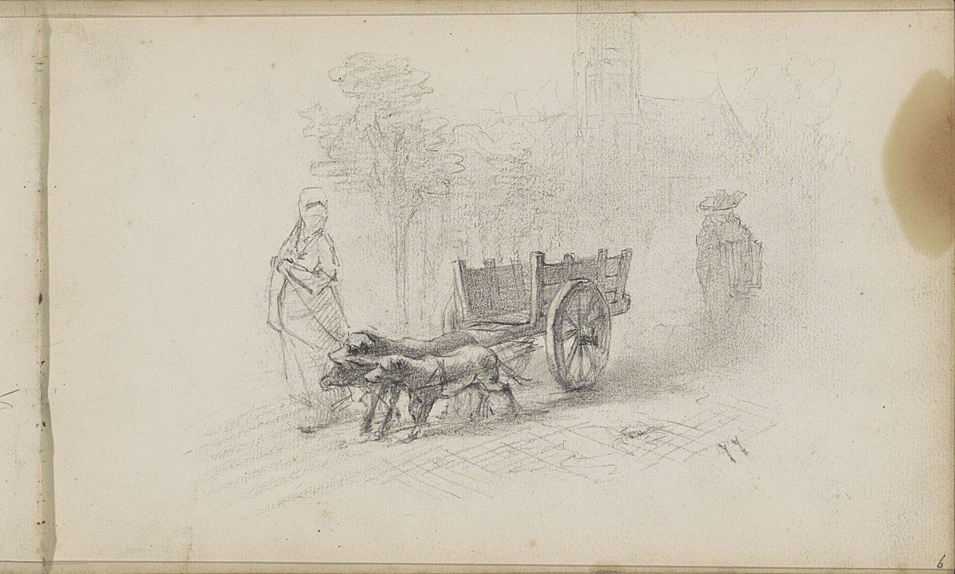 Gesluierde figuur met een hondenkar op een pad by Willem Cornelis Rip