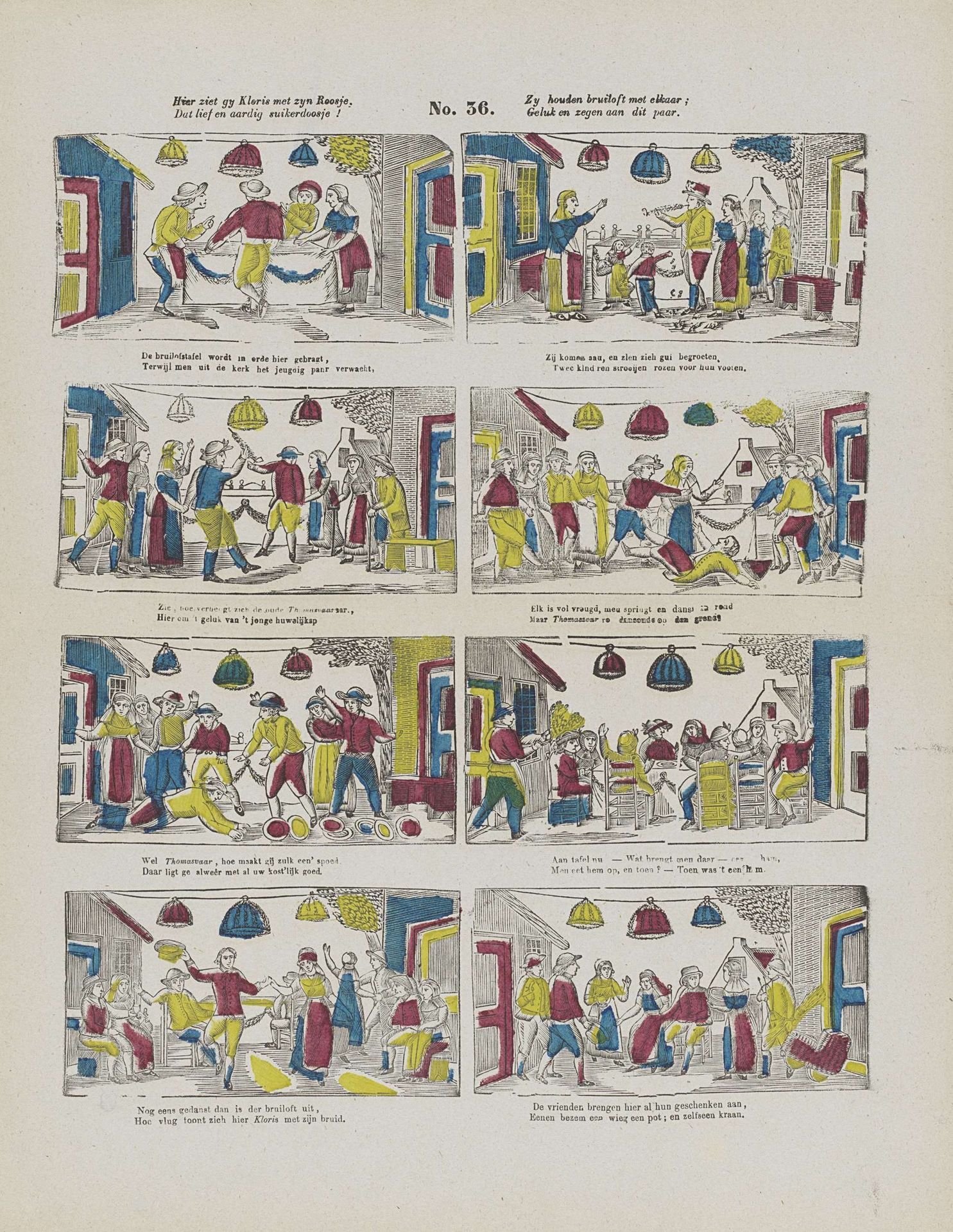 Hier ziet gy Kloris met zyn Roosje, / Dat lief en aardig suikerdoosje! / Zy houden bruiloft met elkaar; / Geluk en zegen aan dit paar by Lutkie & Cranenburg
