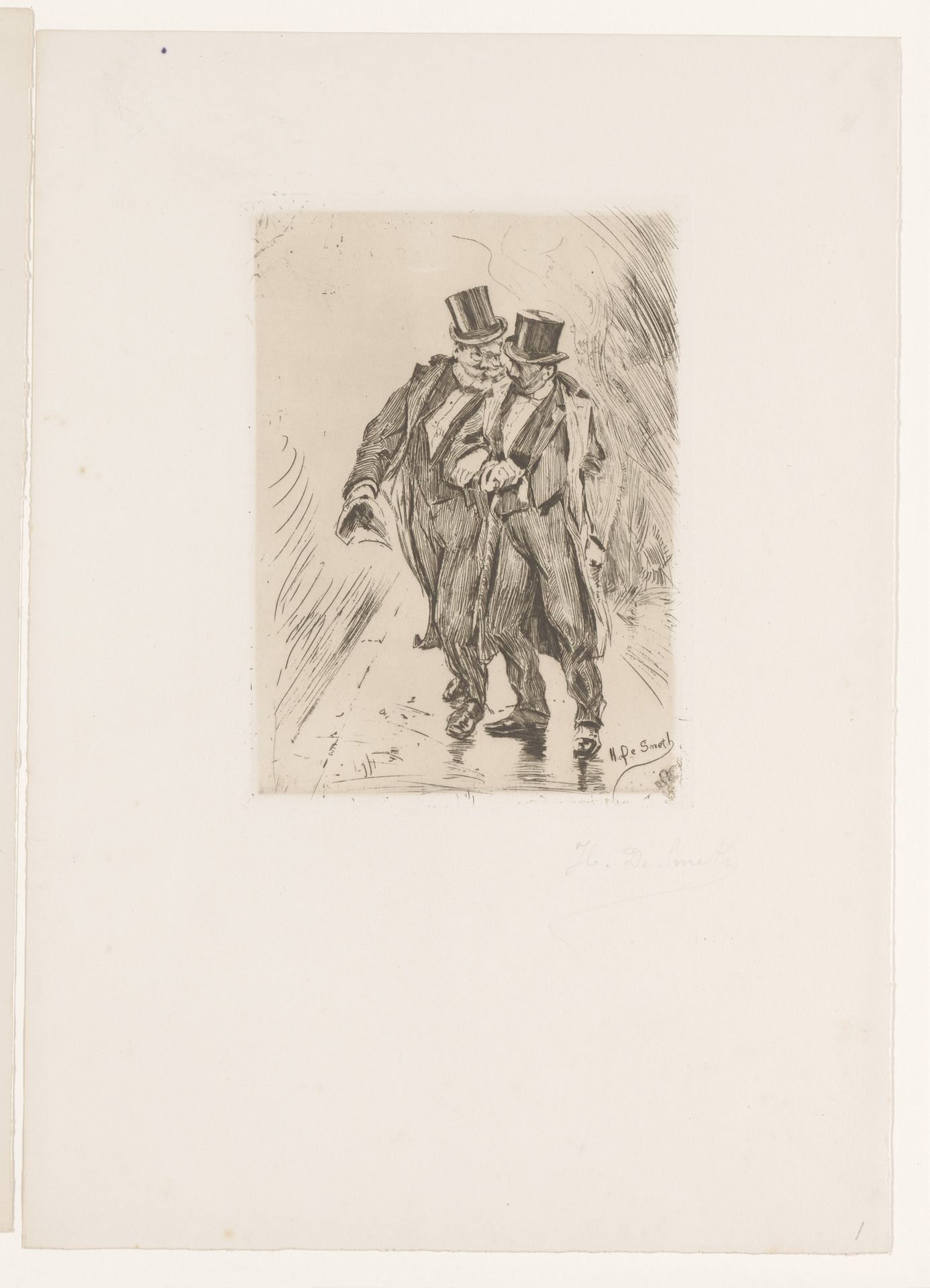 Twee mannen in kostuum en met hoge hoed, arm in arm op straat by Henri De Smeth