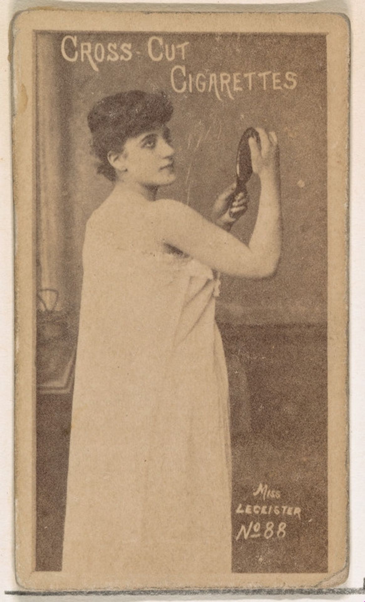 Card Number 88, Miss Leicester, from the Actors and Actresses series (N145-1) issued by Duke Sons & Co. to promote Cross Cut Cigarettes by W. Duke, Sons & Co.