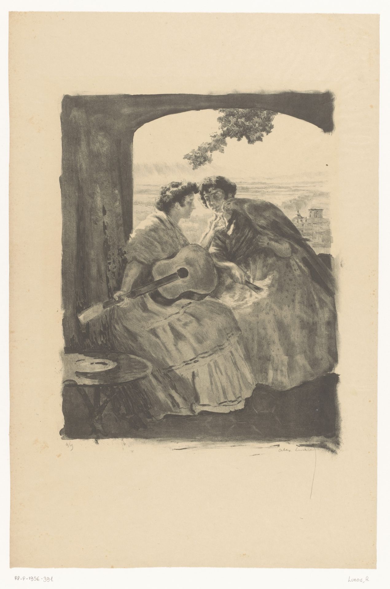 Twee Spaanse vrouwen met gitaar en een papegaai by Alexandre Lunois