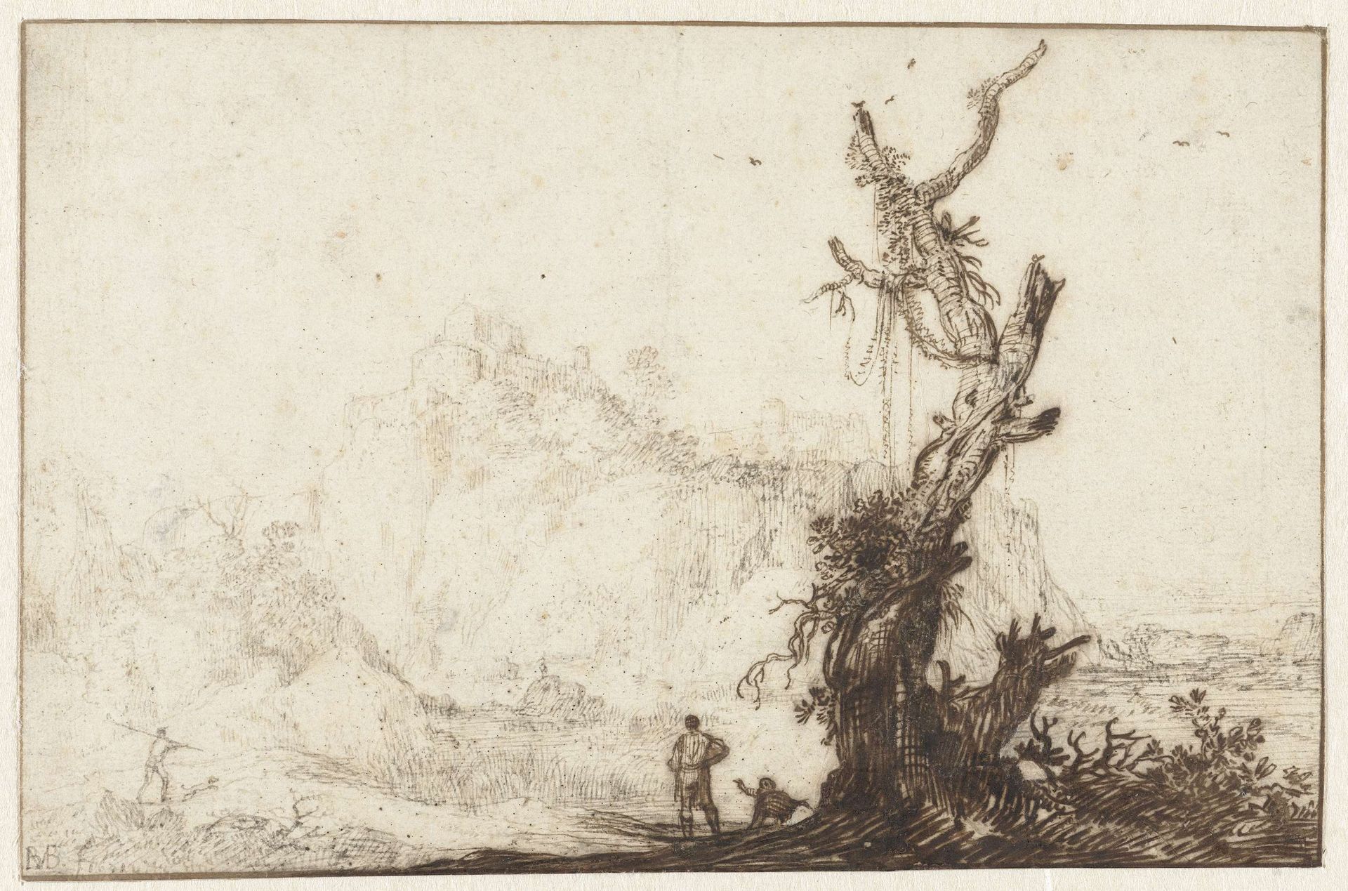 Bergachtig landschap met op de voorgrond een kale boom by Monogrammist BVB