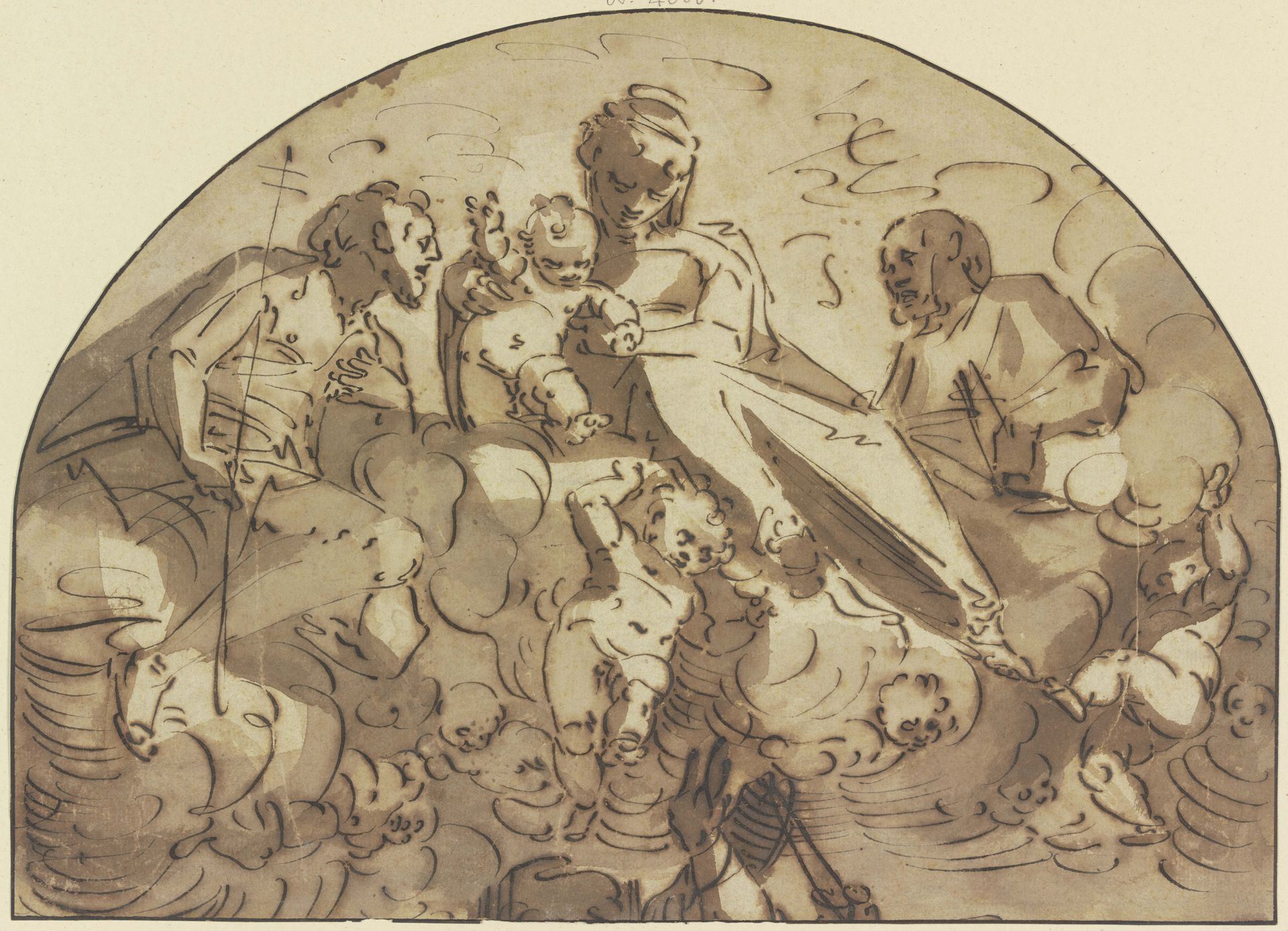 Madonna auf Wolken von Engeln getragen zwischen zwei Heiligen by Luca Cambiaso