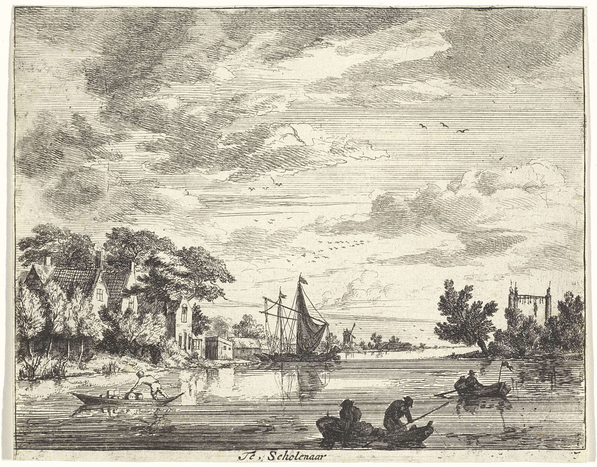 Bedrijvigheid op een rivier by Jan Vincentsz. van der Vinne