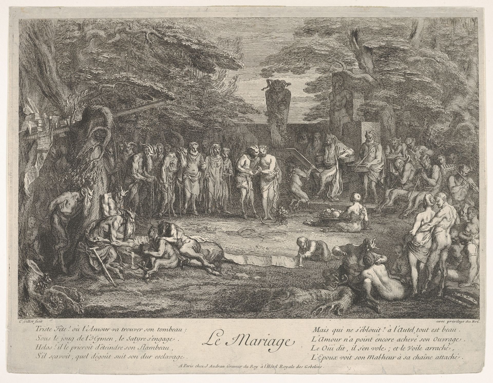 The Marriage (Le Mariage): in a forest, an old satyr marries the betrothed in center, musicians to right, old satyrs with canes to the left, a couple consulting an old philosopher to left in the foreground, from 'The lives of satyrs' (La vie des satyres) by Claude Gillot
