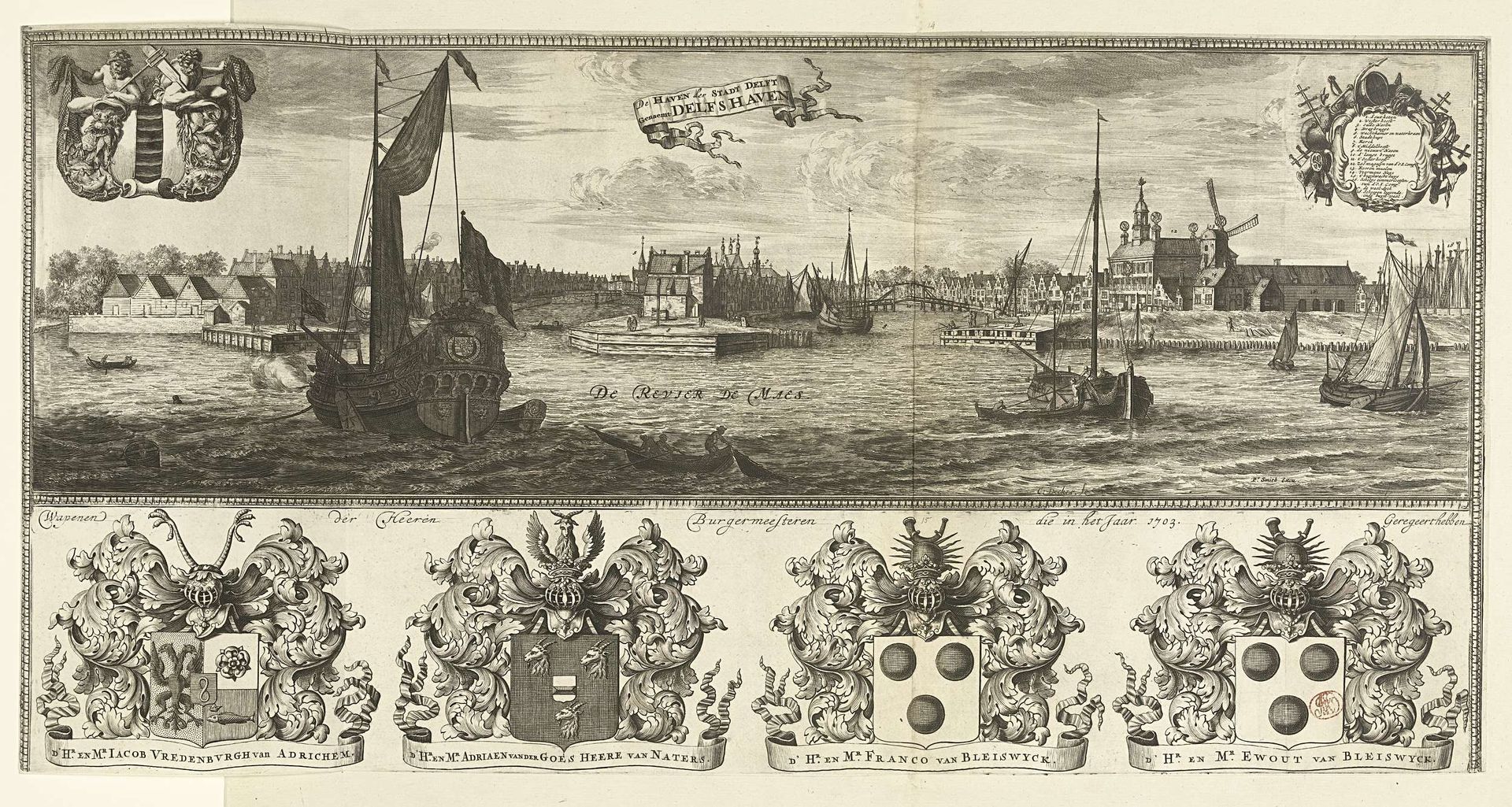 Gezicht op Delfshaven en wapens van de burgemeesters van Delft in het jaar 1703 by Coenraet Decker