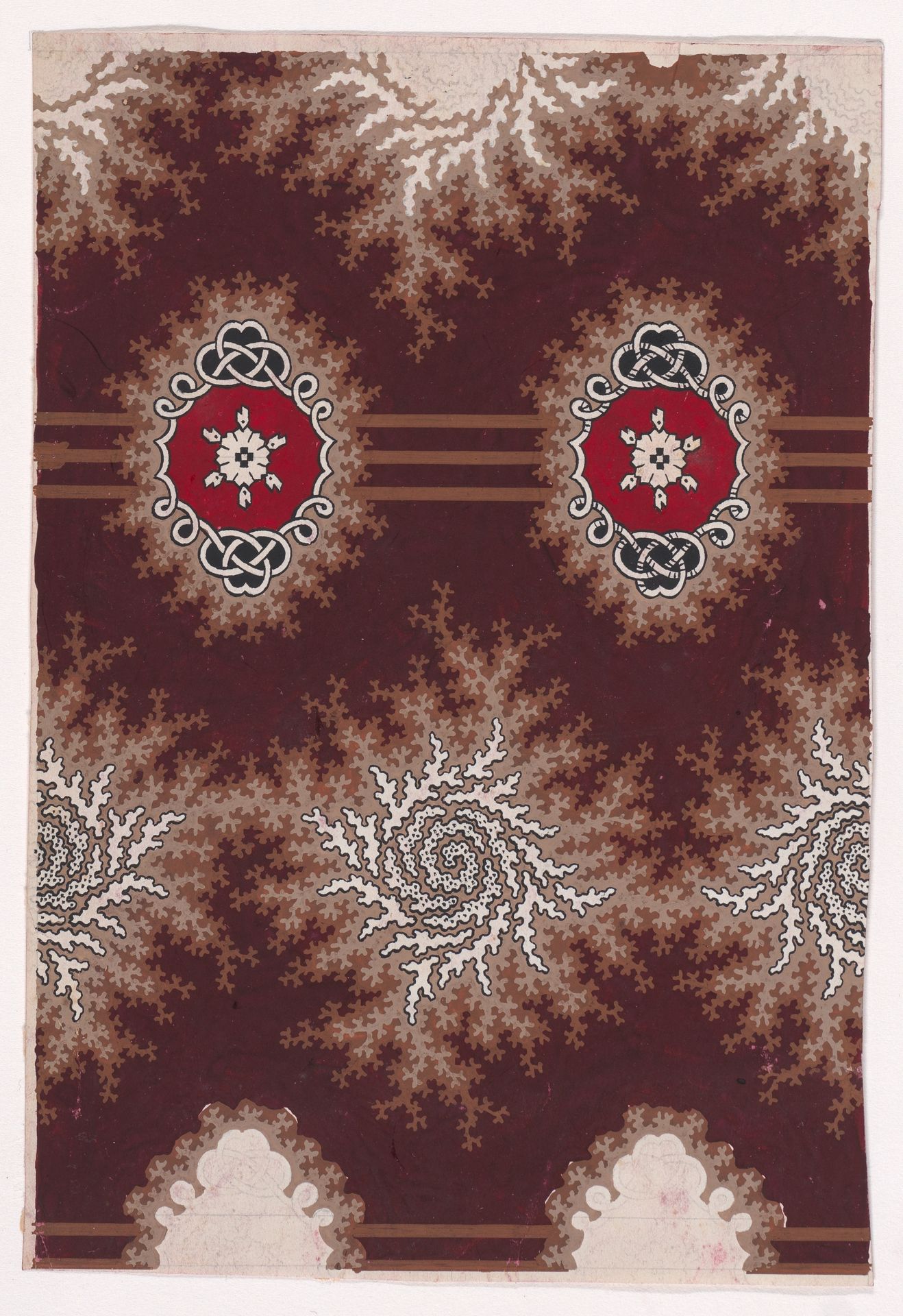 Textile Design with Alternating Horizontal Garlands of Branches with Abstract Swirls and Rosettes Flanked by Stylized Leaves and Framed by an Interlaced Ornamental Motif by Anonymous