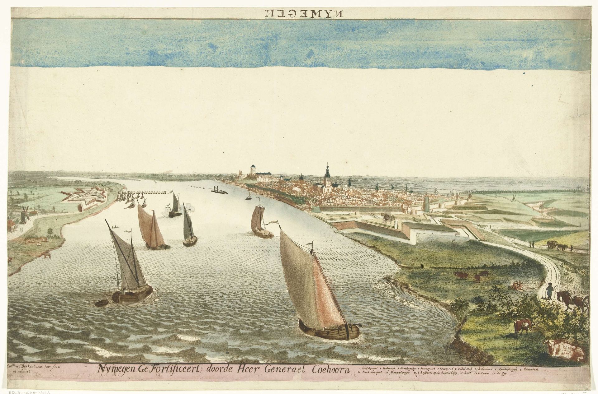 Gezicht op de vestingwerken bij Nijmegen aan de Waal by Martinus Berkenboom