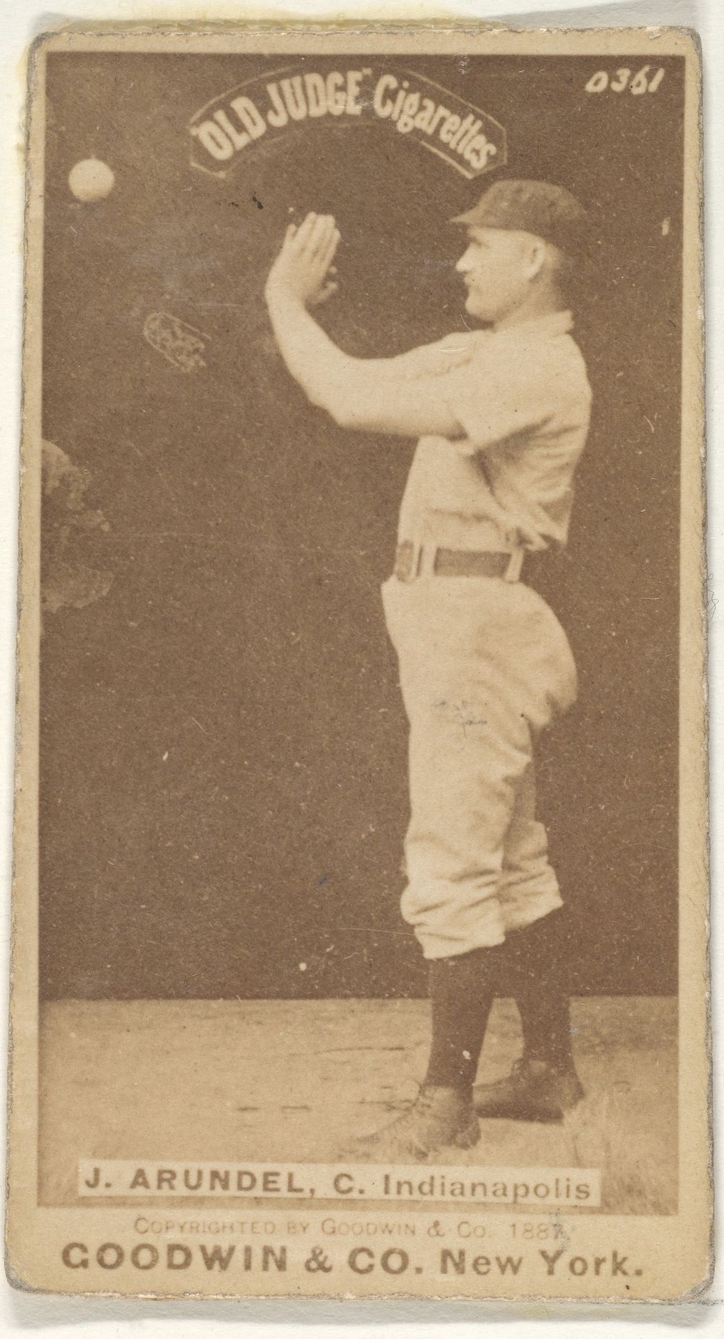 J. Arundel, Catcher, Indianapolis, from the Old Judge series (N172) for Old Judge Cigarettes by Goodwin & Company