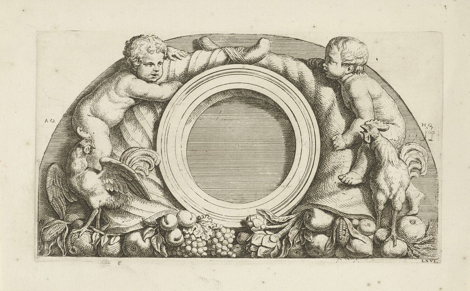 Lunette met putti, hanen en hoornen des overvloeds in de westelijke galerij van het Stadhuis op de Dam by Hubert Quellinus
