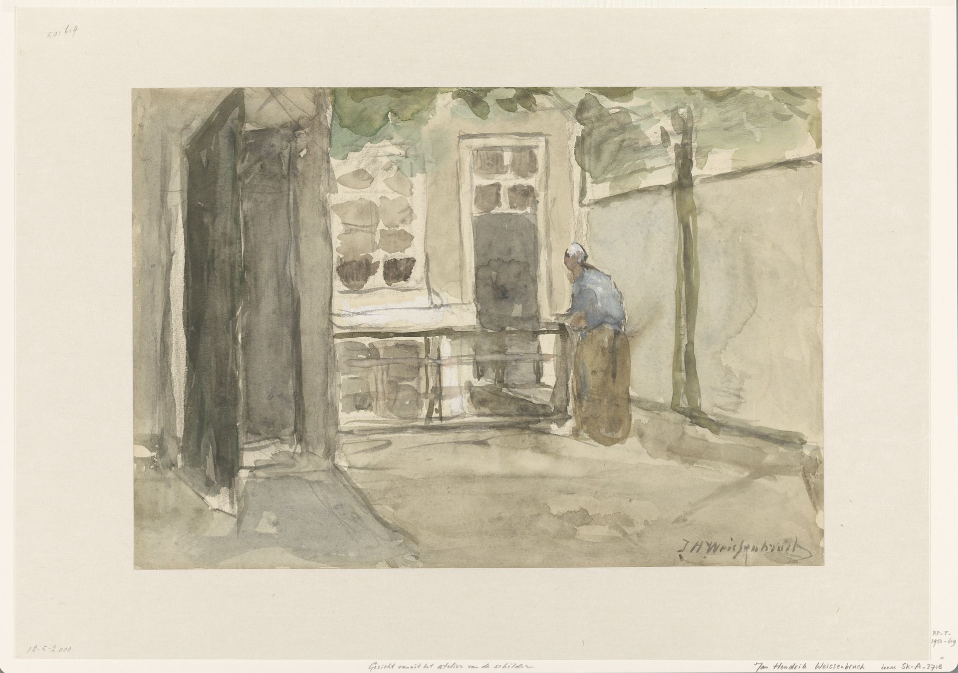 Gezicht op een binnenplaats vanuit het atelier van de kunstenaar in de Kazernestraat te Den Haag by Johan Hendrik Weissenbruch