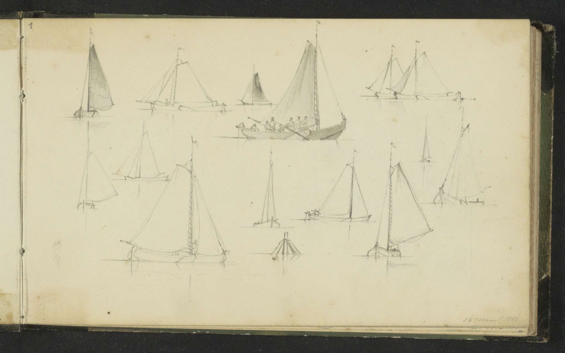 Studieblad met zeilschepen by Hendrik Abraham Klinkhamer