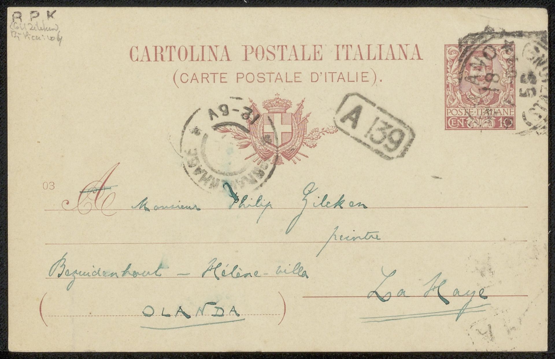 Briefkaart aan Philip Zilcken by Vittorio Pica