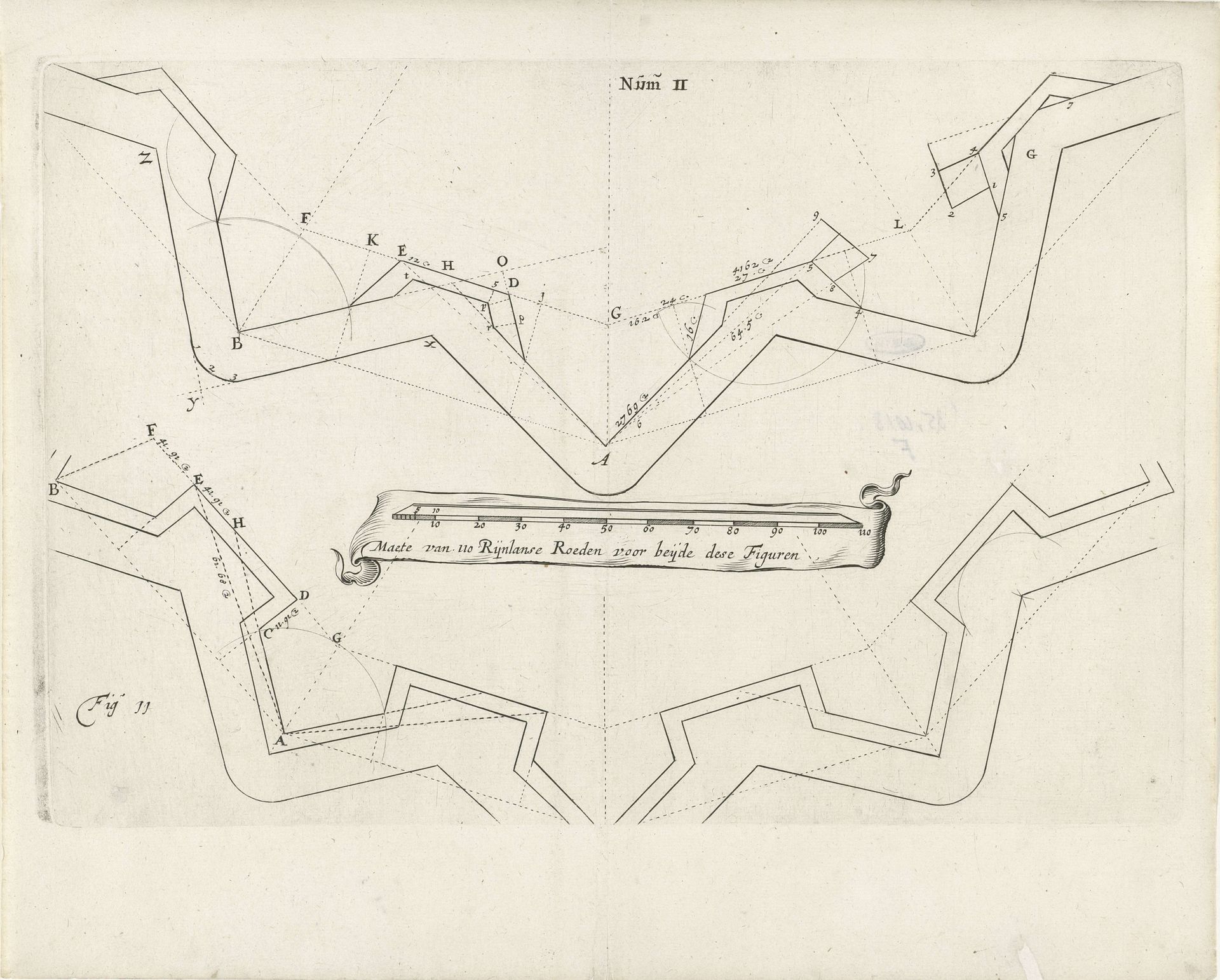 Plattegrond van versterkte vestingmuur by Hendrick baron van Ruse van Rysensteen