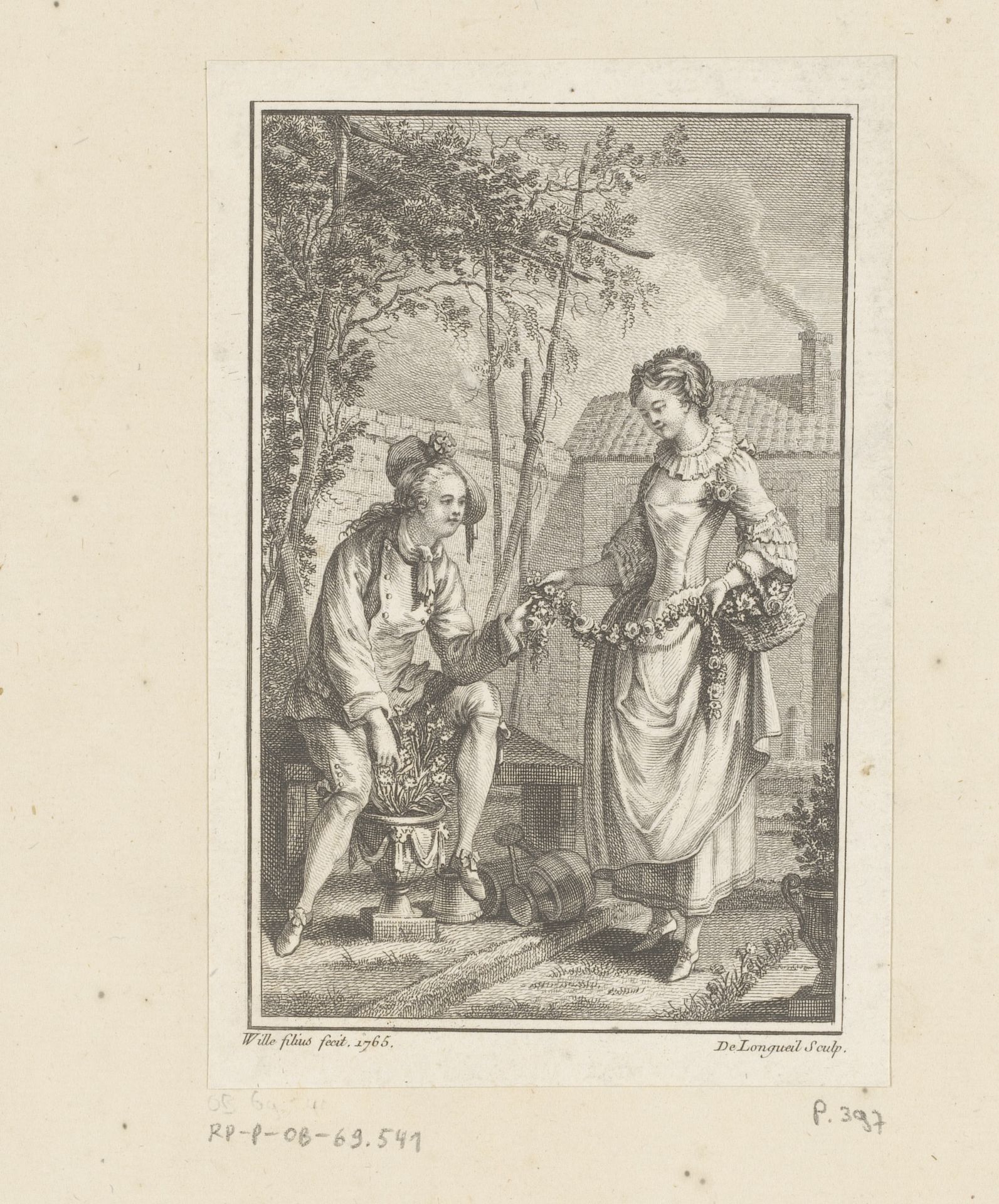 Man en vrouw met een bloemenguirlande by Joseph de Longueil