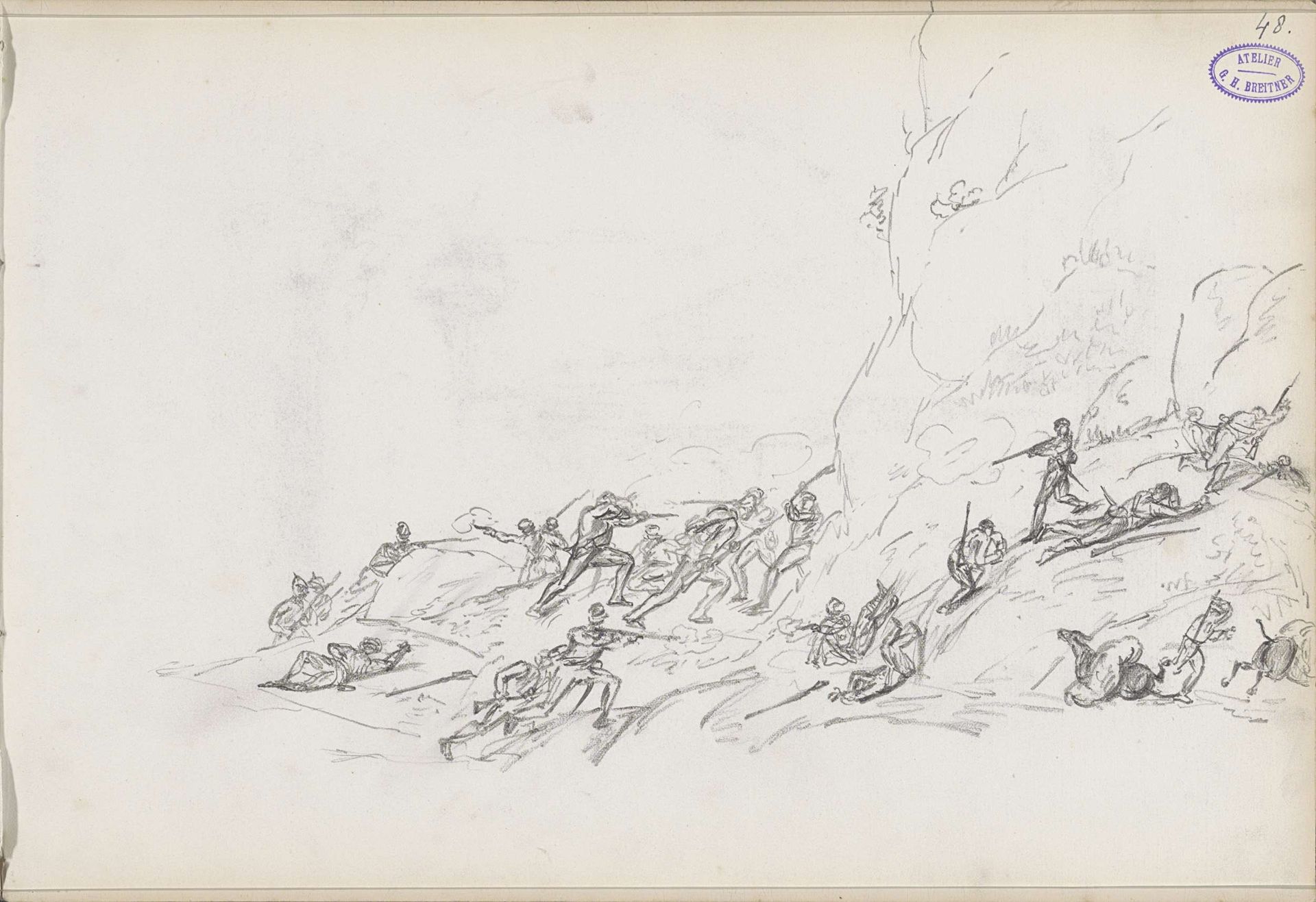 Strijdende soldaten in een rotsachtig landschap by George Hendrik Breitner