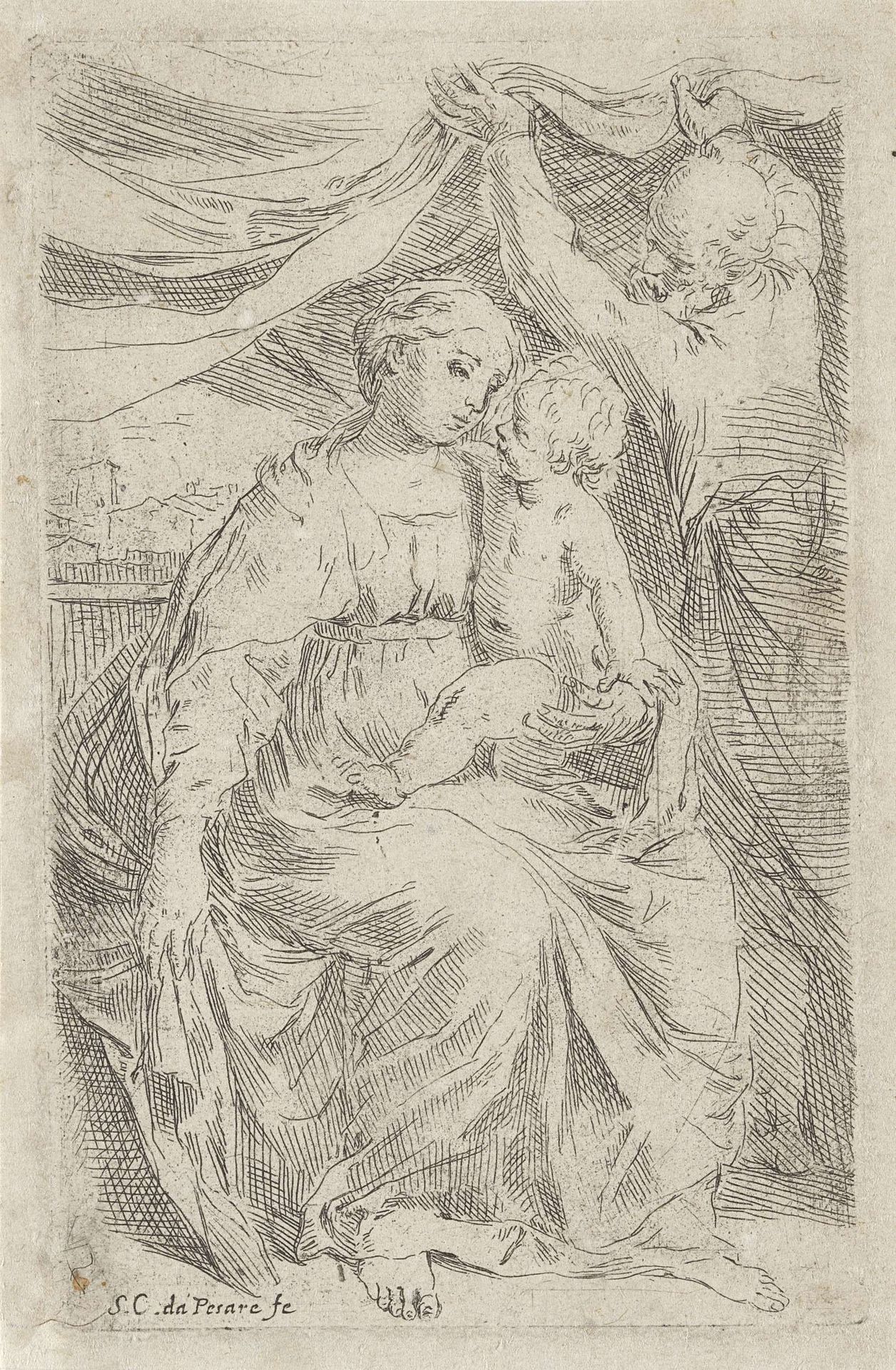 Heilige Familie met gordijn by Simone Cantarini