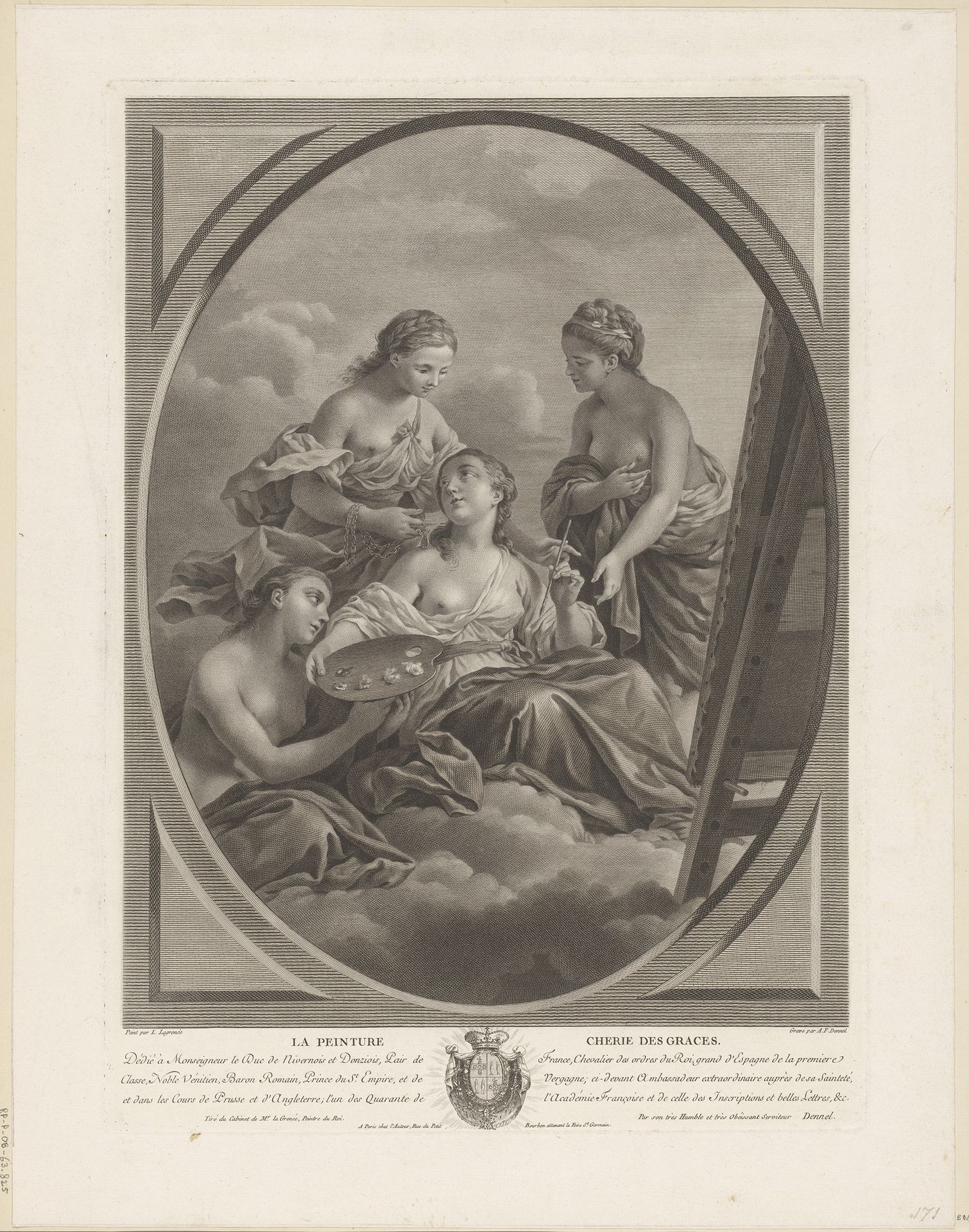 Schilderkunst (Pictura) vergezeld door de drie gratiën by Antoine François Dennel