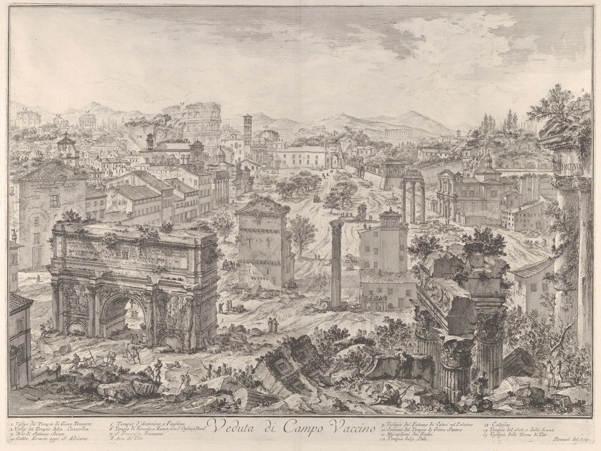 The Forum Romanum, or Campo Vaccino, from the capitol, with the Arch of Septimus Severus in the foreground left, Temple of Vespian right, and the Colosseum in the distance (Veduta di Campo Vaccino) by Giovanni Battista Piranesi