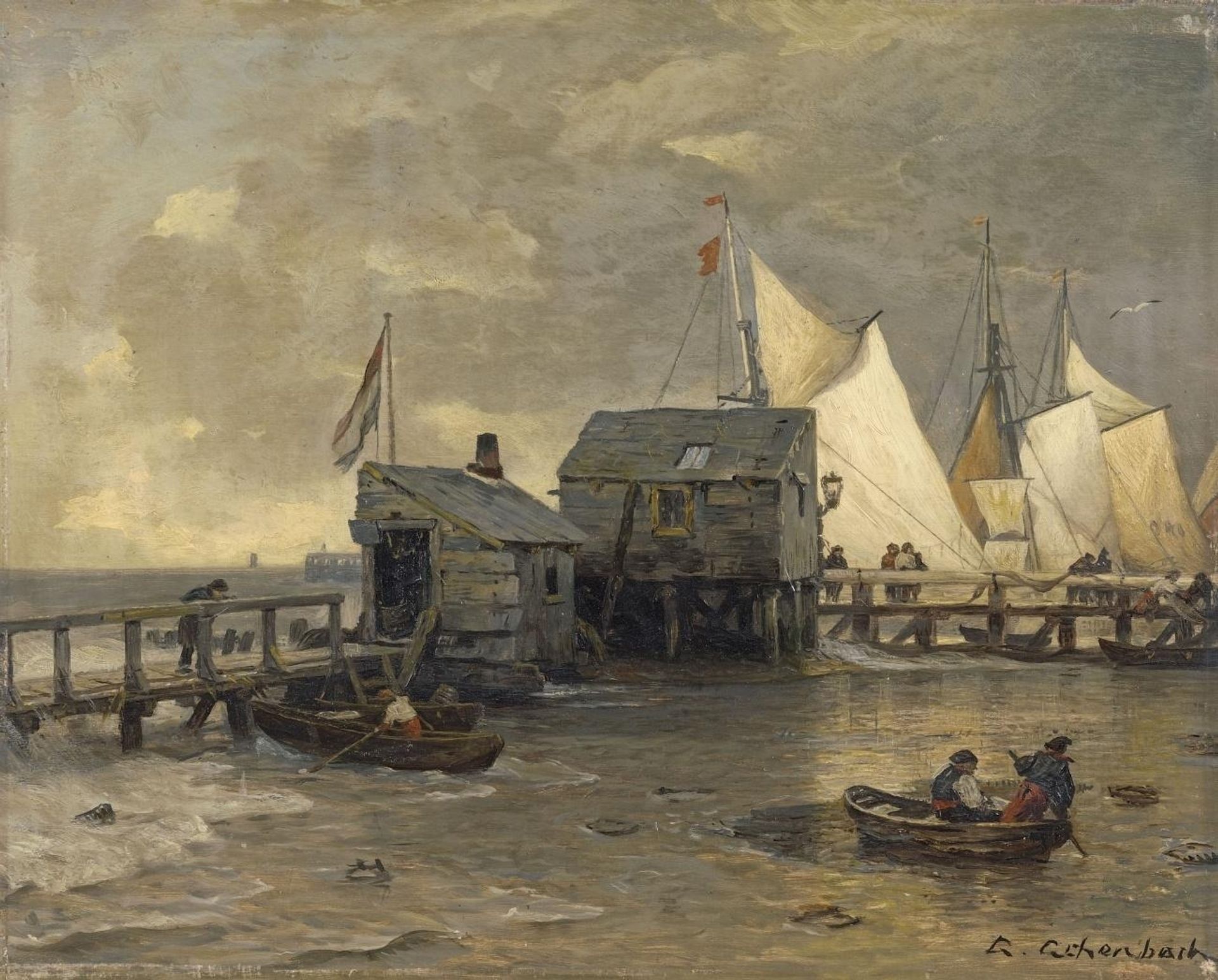 Jetty with sailing boats by Andreas Achenbach