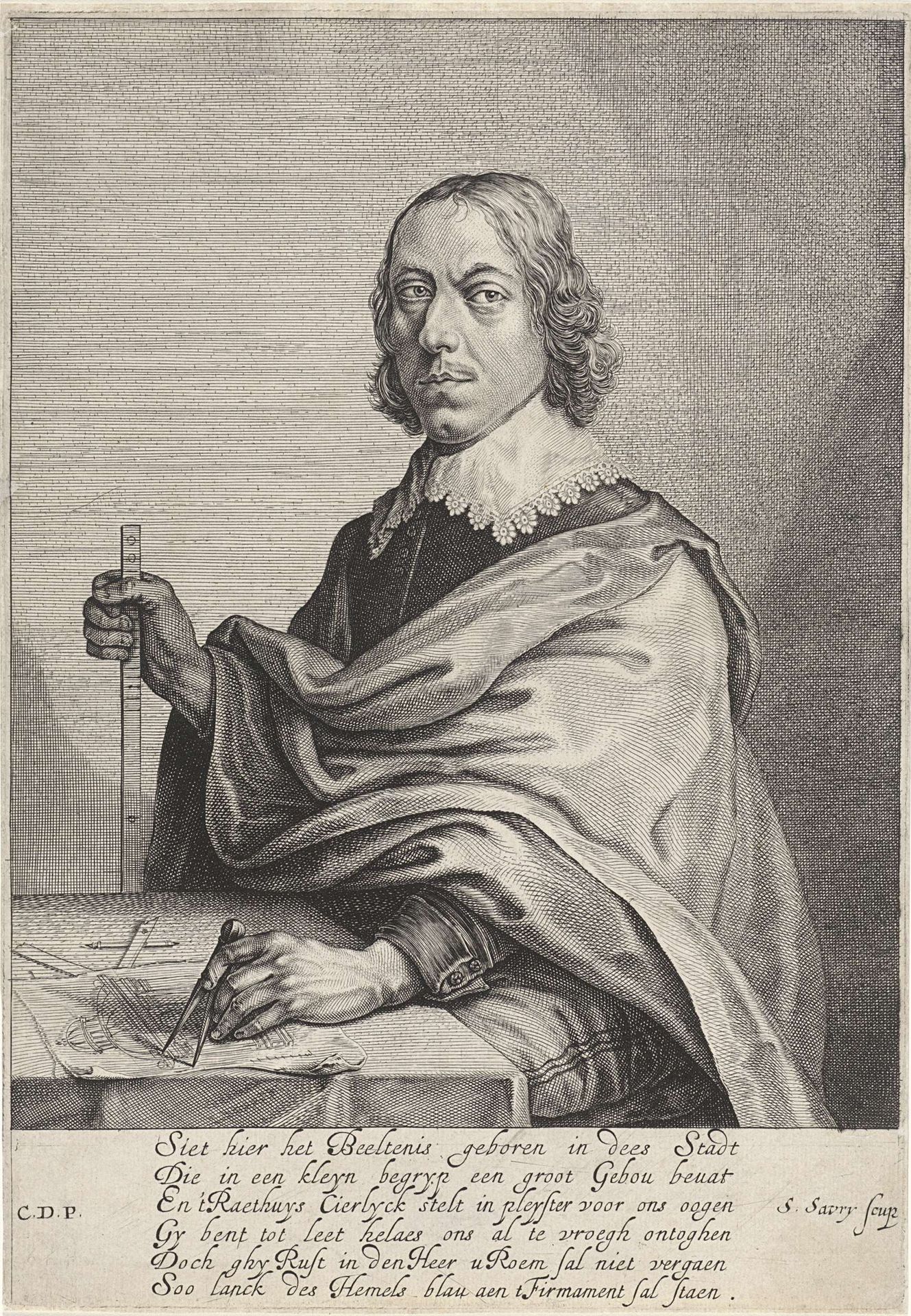 Portret van de architect Jacob Vennekool met een ontwerp voor het stadhuis op de Dam by Salomon Savery