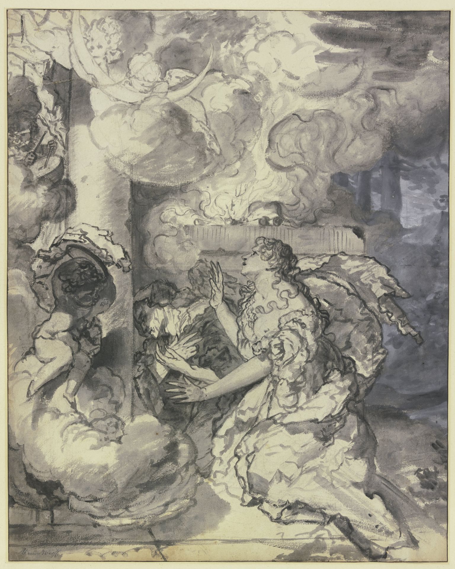 Zwei Frauen vor einem Altar kniend, zwei Engel tragen die Mondsichel, ein anderer schlägt Pauken, ein vierter trägt eine Kanone by Adriaen van der Werff