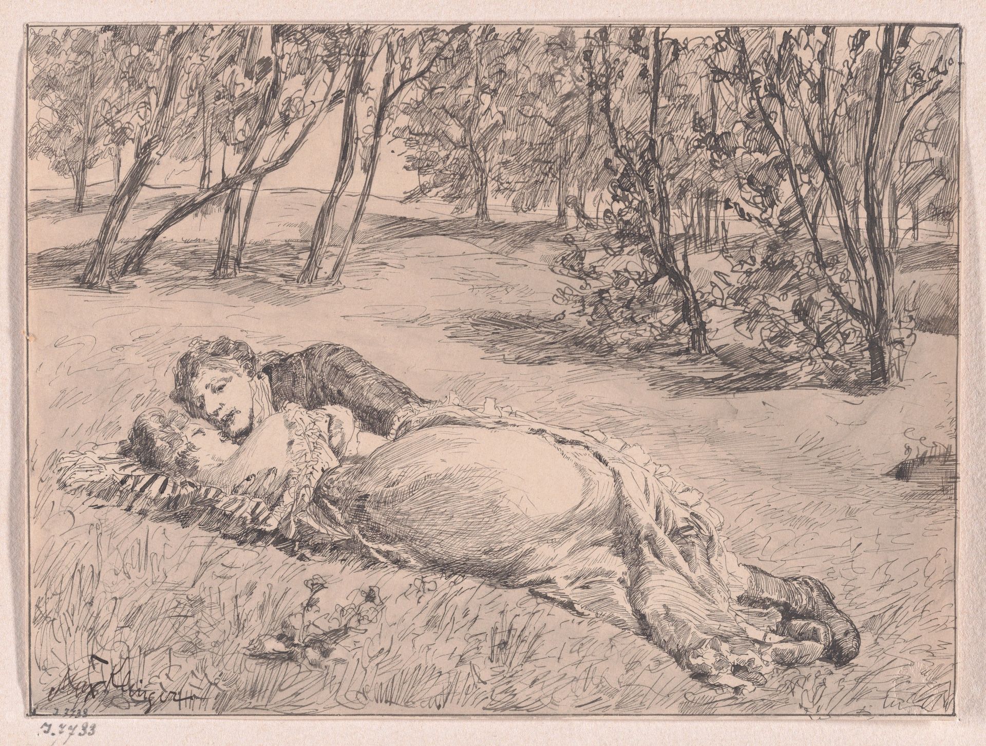 Paar im Grase–Umarmung in einer Landschaft (A Couple on the Grass–An Embrace in a Landscape) by Max Klinger