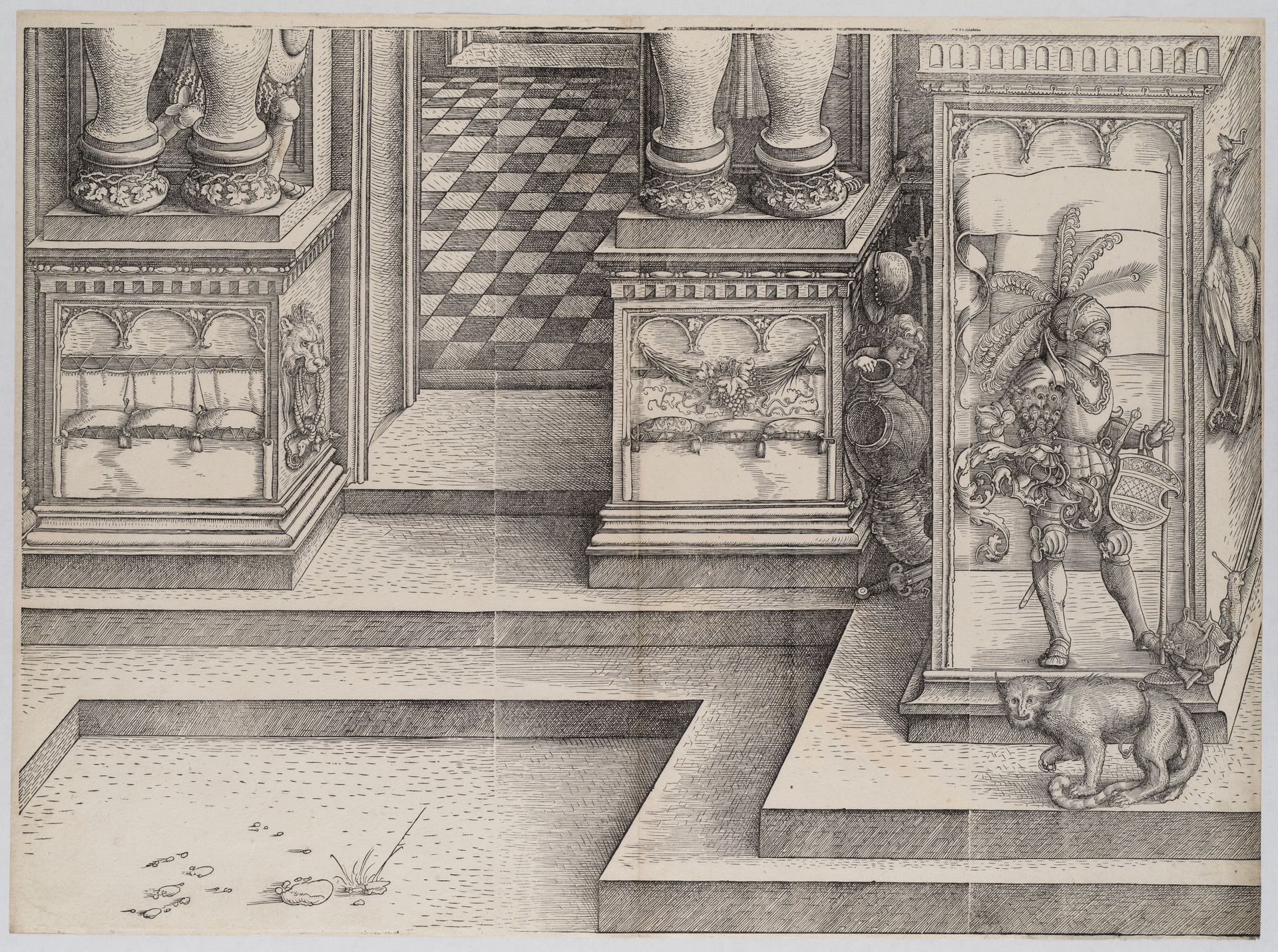 The Lower Portion of the Entryway to the Left Portal (Die Porten des Lobs); and the Outer Left Sockel of the Central Portal, from the Arch of Honor, proof, dated 1515, printed 1517-18 by Hans Springinklee