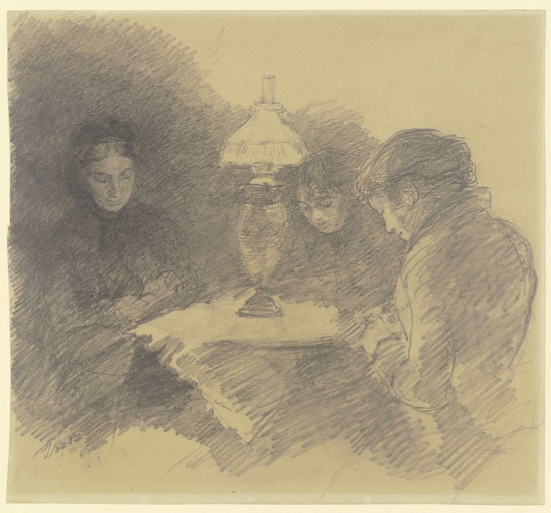 Drei Frauen unter einer Tischlampe by Louis Eysen