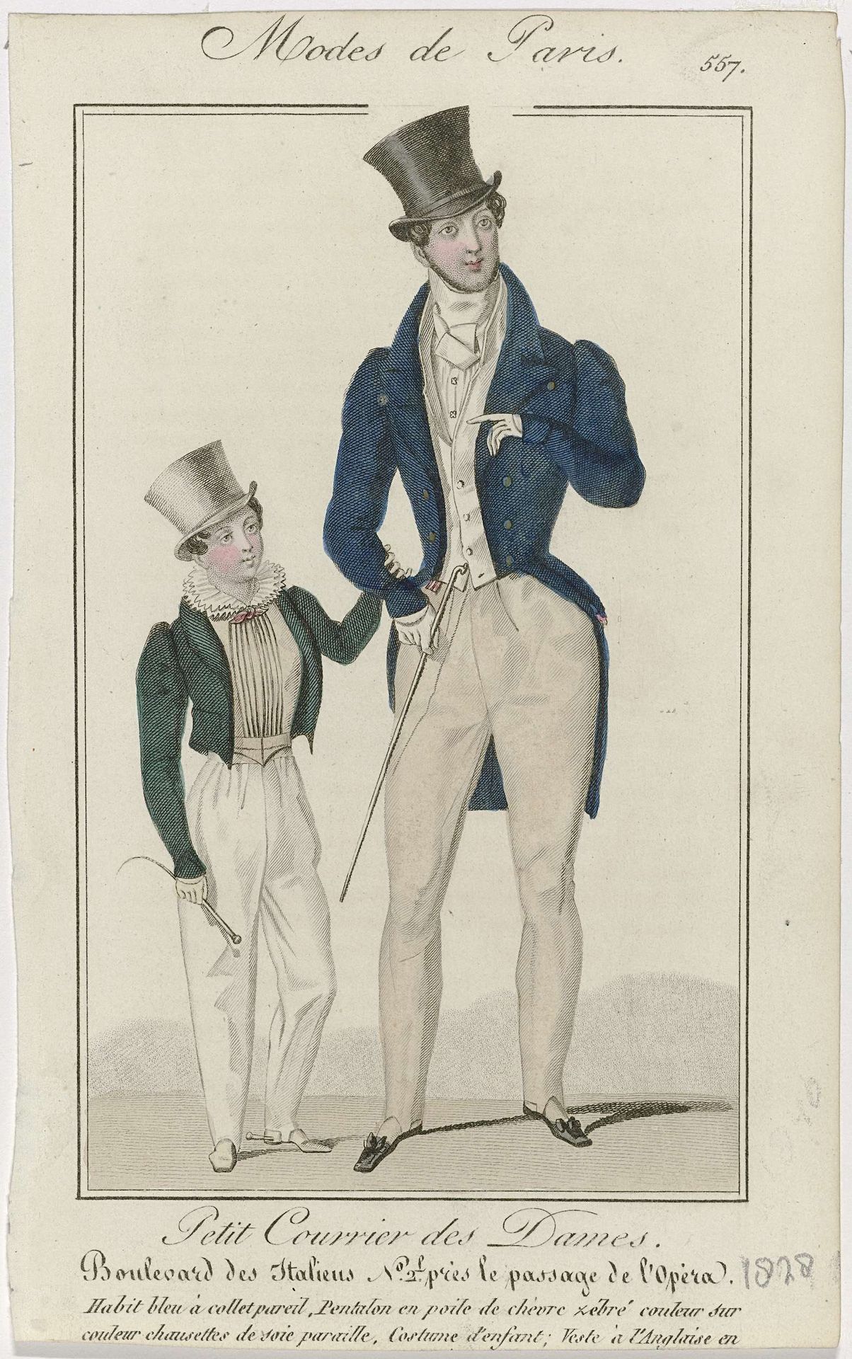 Petit Courrier des Dames, 1828, No. 557 : Habit bleu à collet pareil (...) by Anonymous