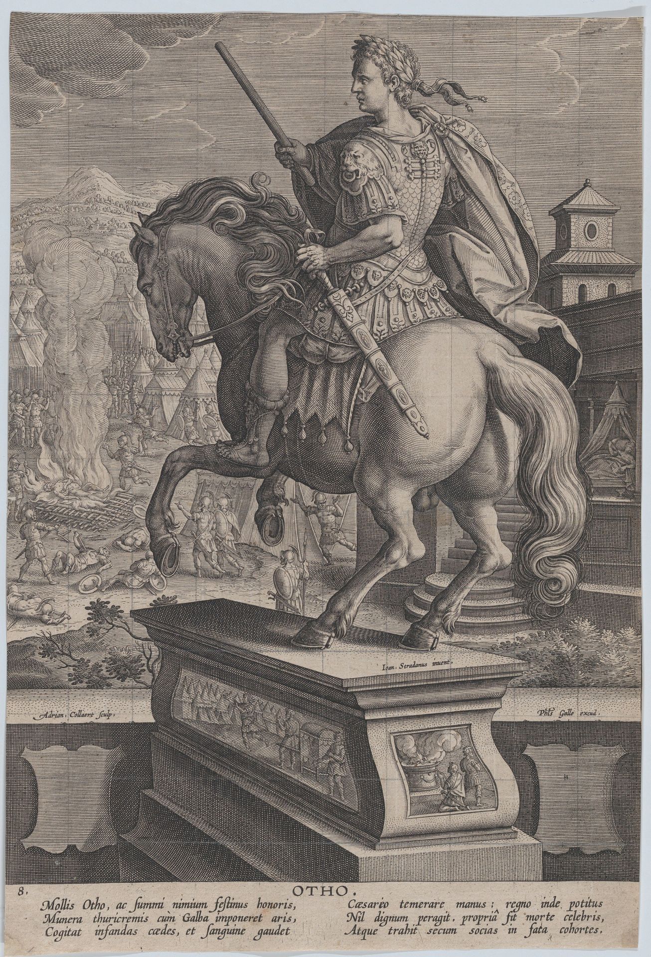 Plate 8: equestrian statue of Otho, seen from behind, his death scene in the background with him stabbing himself at right and the burning of his body at left, from 'Roman Emperors on Horseback' by Adriaen Collaert