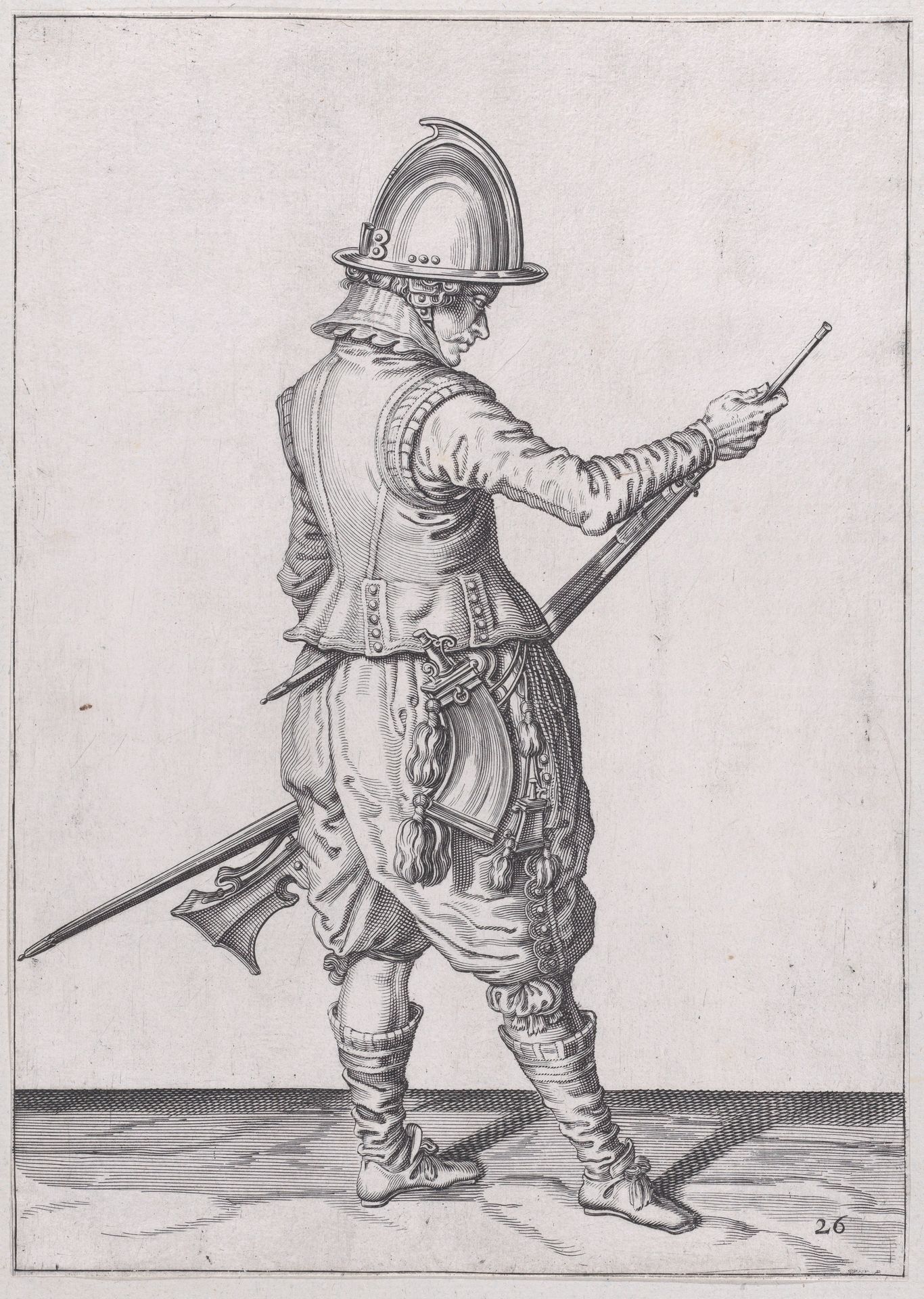 A soldier ramming home powder and bullet with the ramrod, from the Marksmen series, plate 26, in Waffenhandlung von den Rören Musquetten undt Spiessen / Wapenhandelinghe van Roers Musquetten ende Spiessen (The Exercise of Arms) by Jacques de Gheyn II