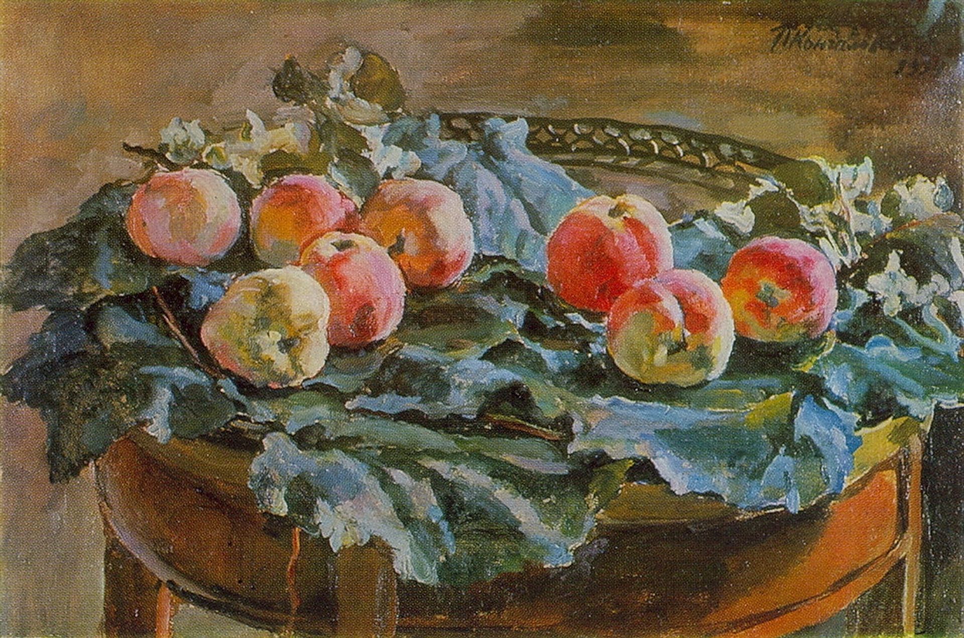Still Life. Apples at the roundtable. by Pyotr Konchalovsky