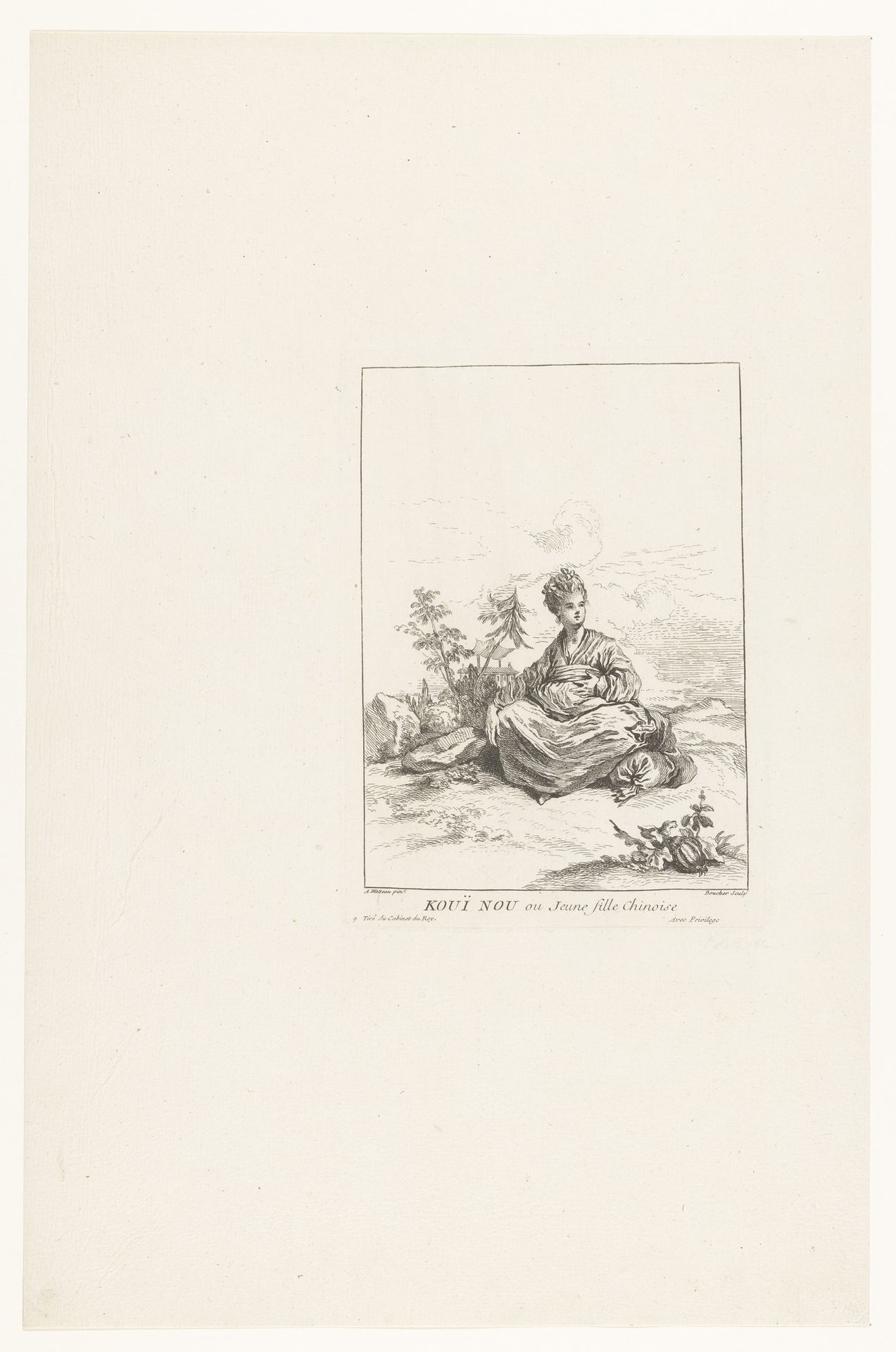 Jonge Chinese vrouw, zittend in een landschap by Francois Boucher