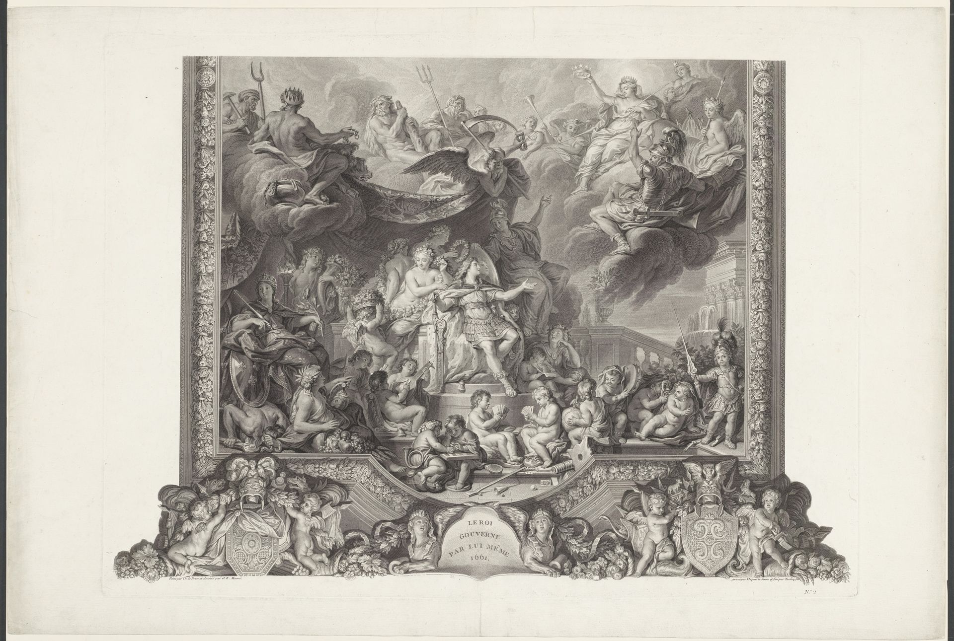 Plafondschildering in de Grande Galerie van Versailles met Lodewijk XIV, koning van Frankrijk, omringd door allegorische en mythologische figuren by Nicolas Gabriel Dupuis