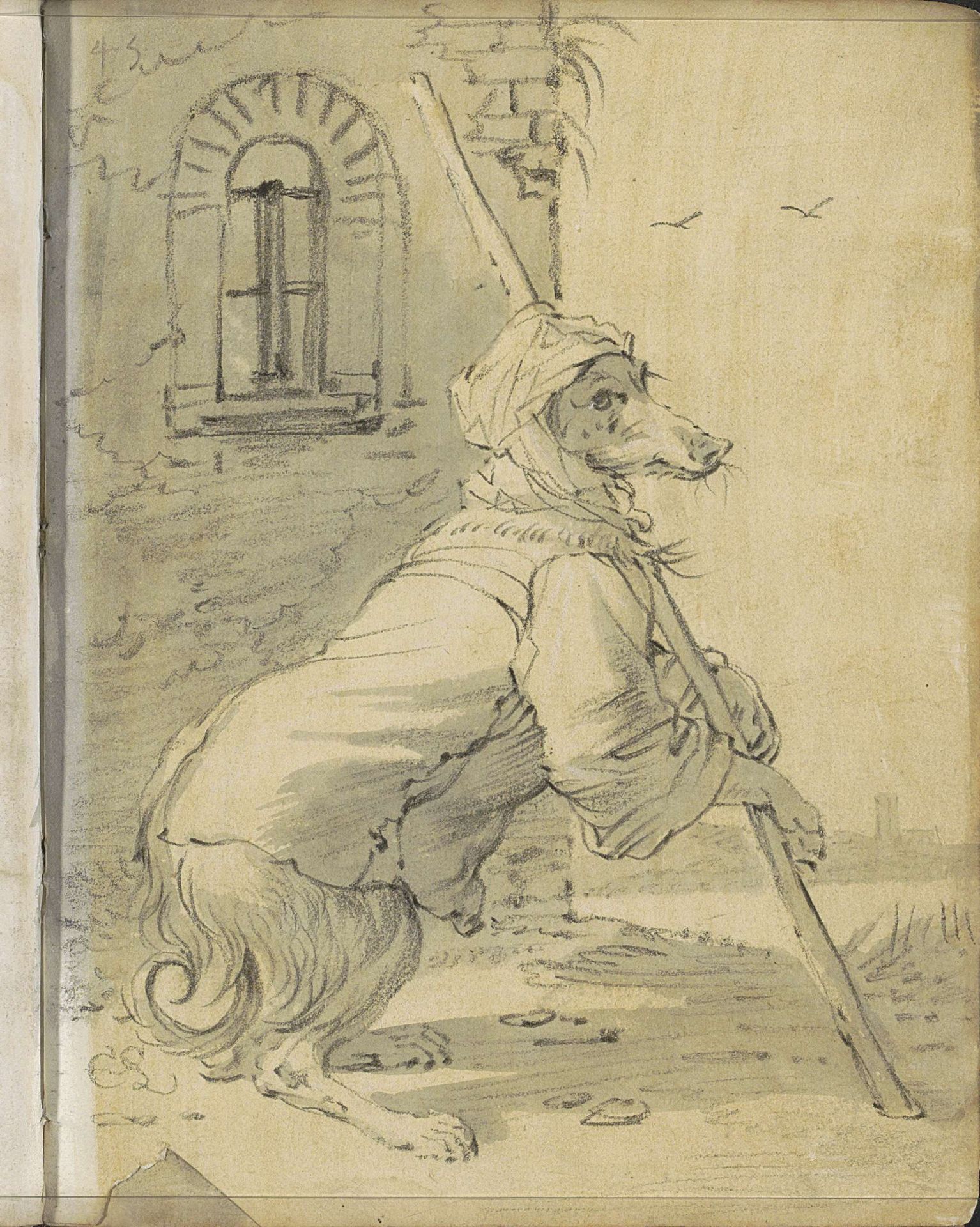 Verklede hond met stok en hoofddoek by Cornelis Saftleven