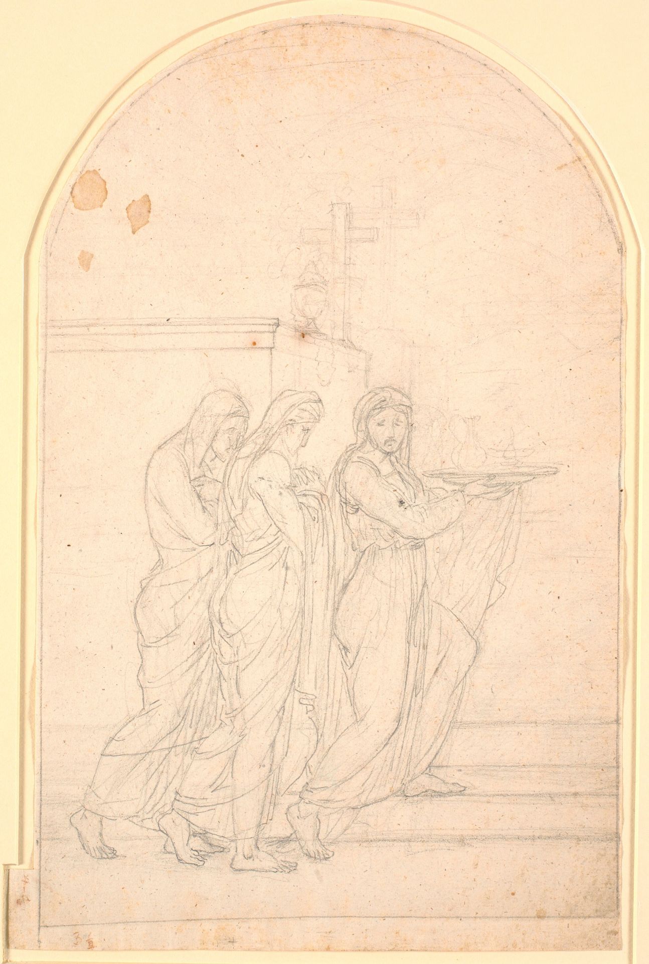 Religiøs allegori. Tre kvinder stiger med tilbedende gestus op ad nogle trin, den første bærer en bakke med en lampe og en kande by Nicolai Abildgaard