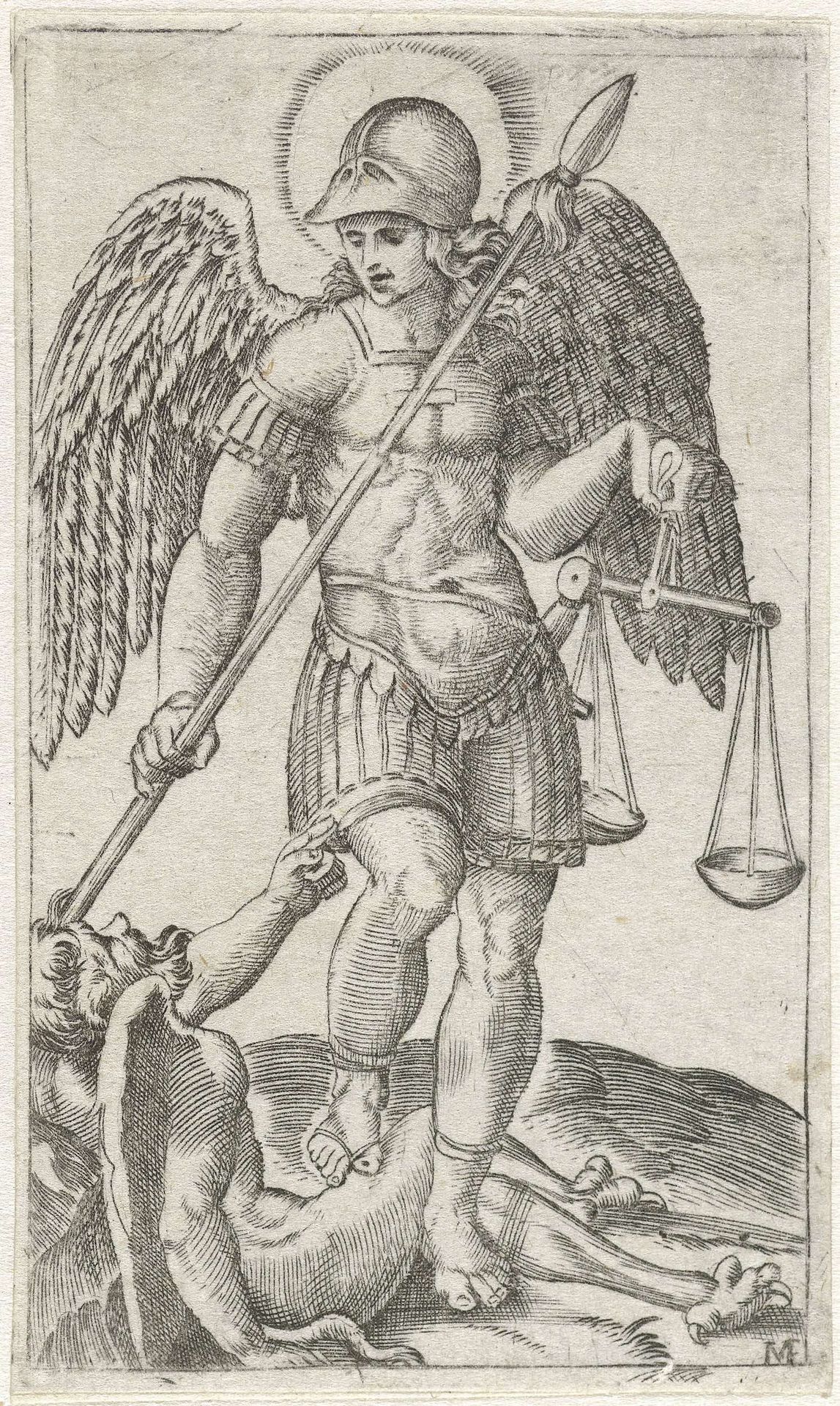 Aartsengel Michaël staand op duivel met speer en weegschaal by Anonymous