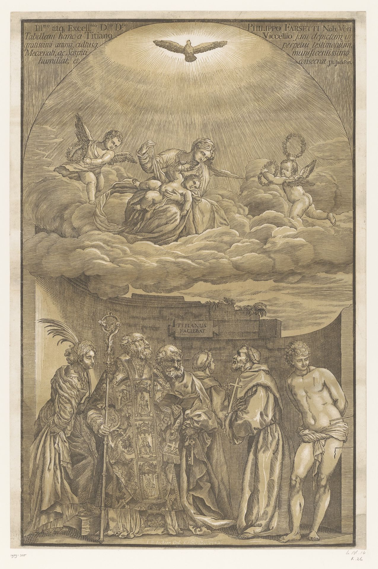Maria in de wolken en zes heiligen by John Baptist Jackson