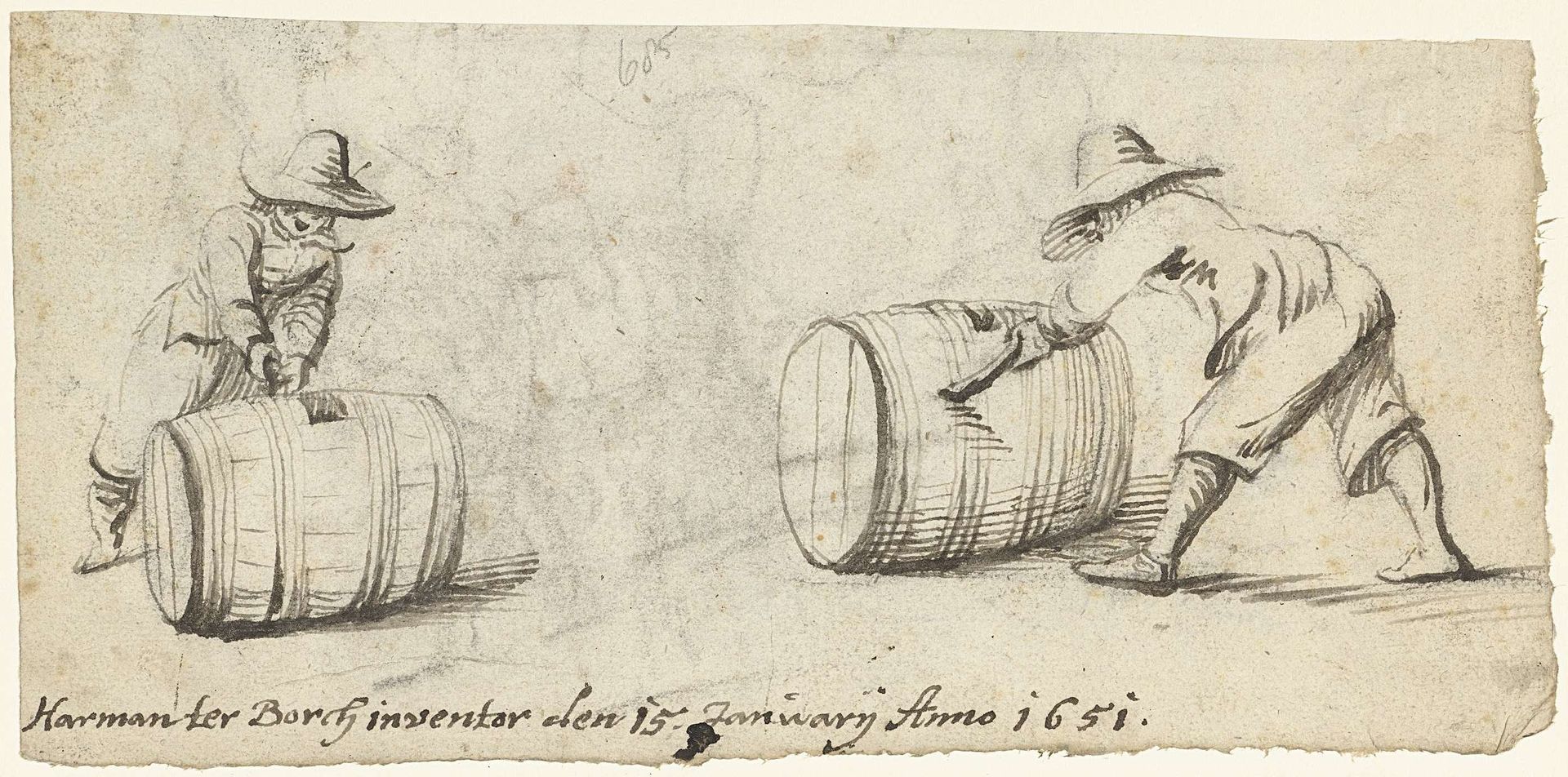 Twee studies van een met een ton rollende jongeman by Harmen ter Borch