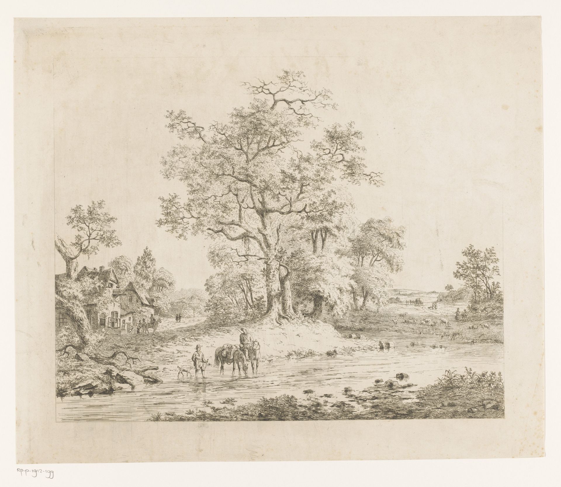 Landschap langs de Samber, een ruiter met twee paarden in het water naast een man met een hond by Jean Théodore Joseph Linnig