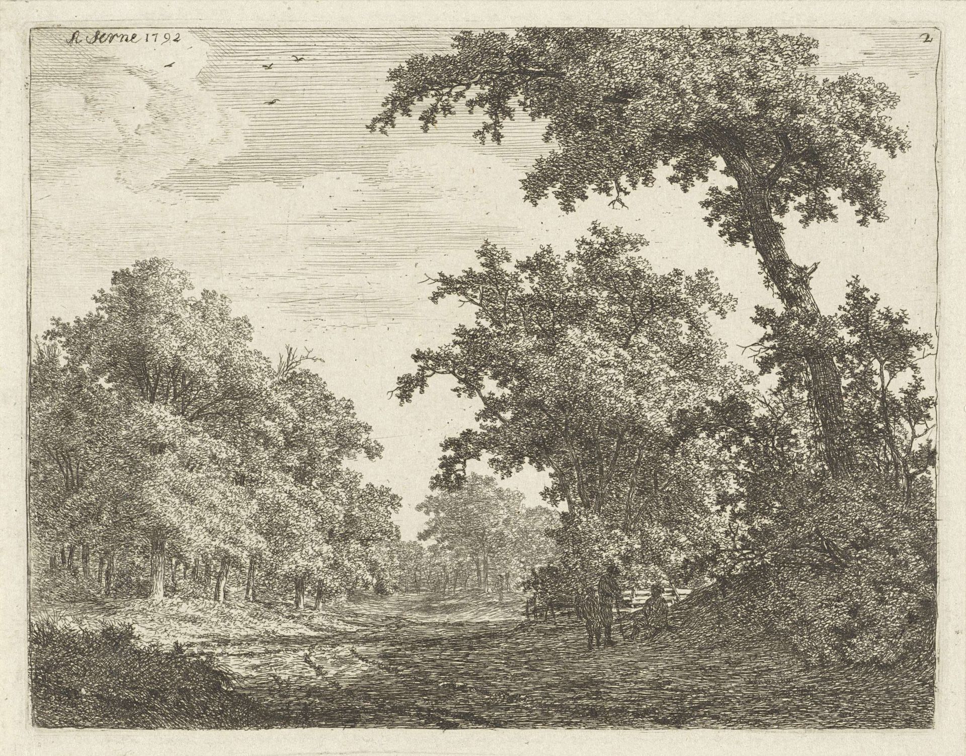 Rustende reizigers langs een weg in het bos by Adrianus Serné