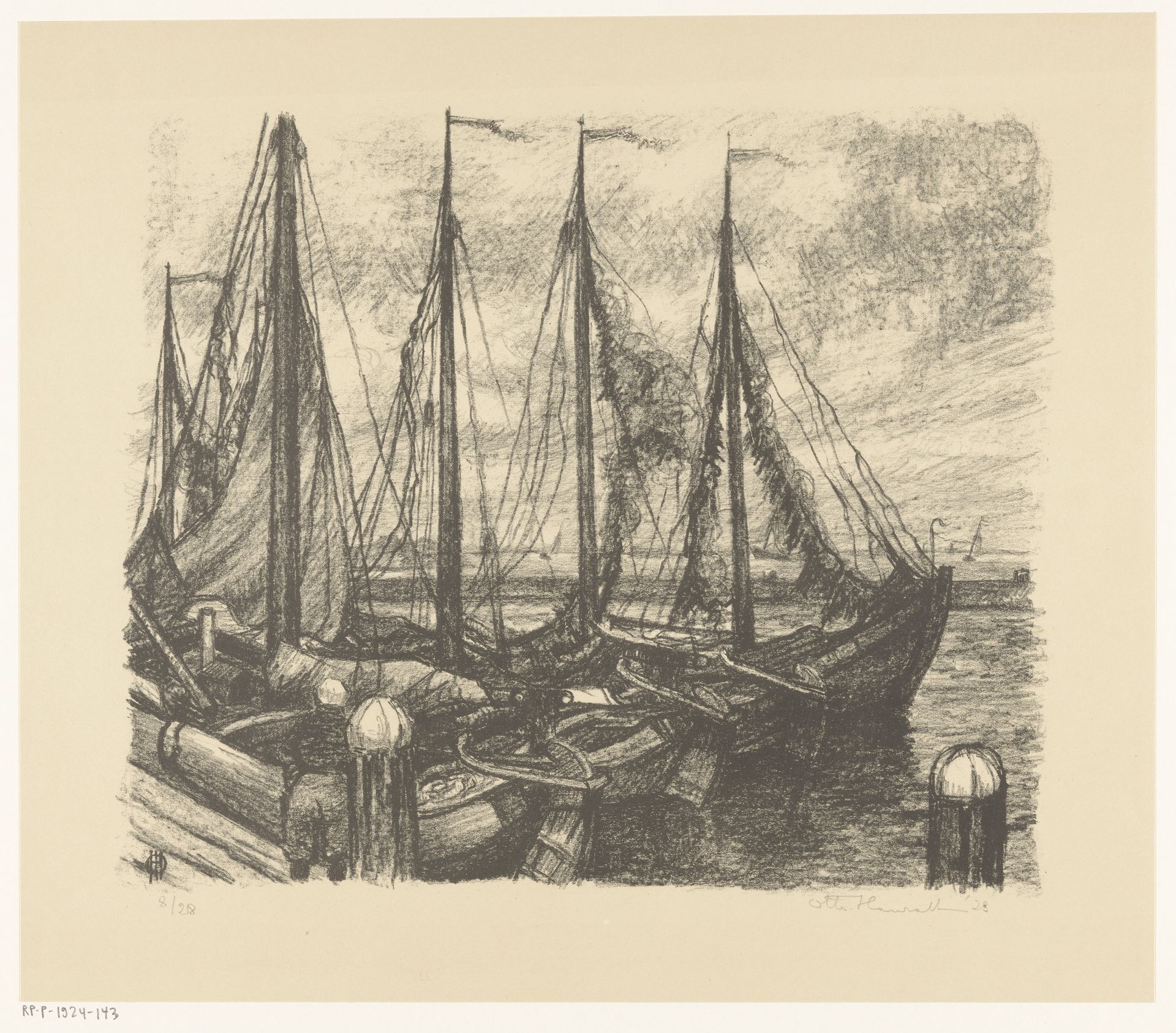 Afgemeerde vissersschepen in een haven by Otto Hanrath