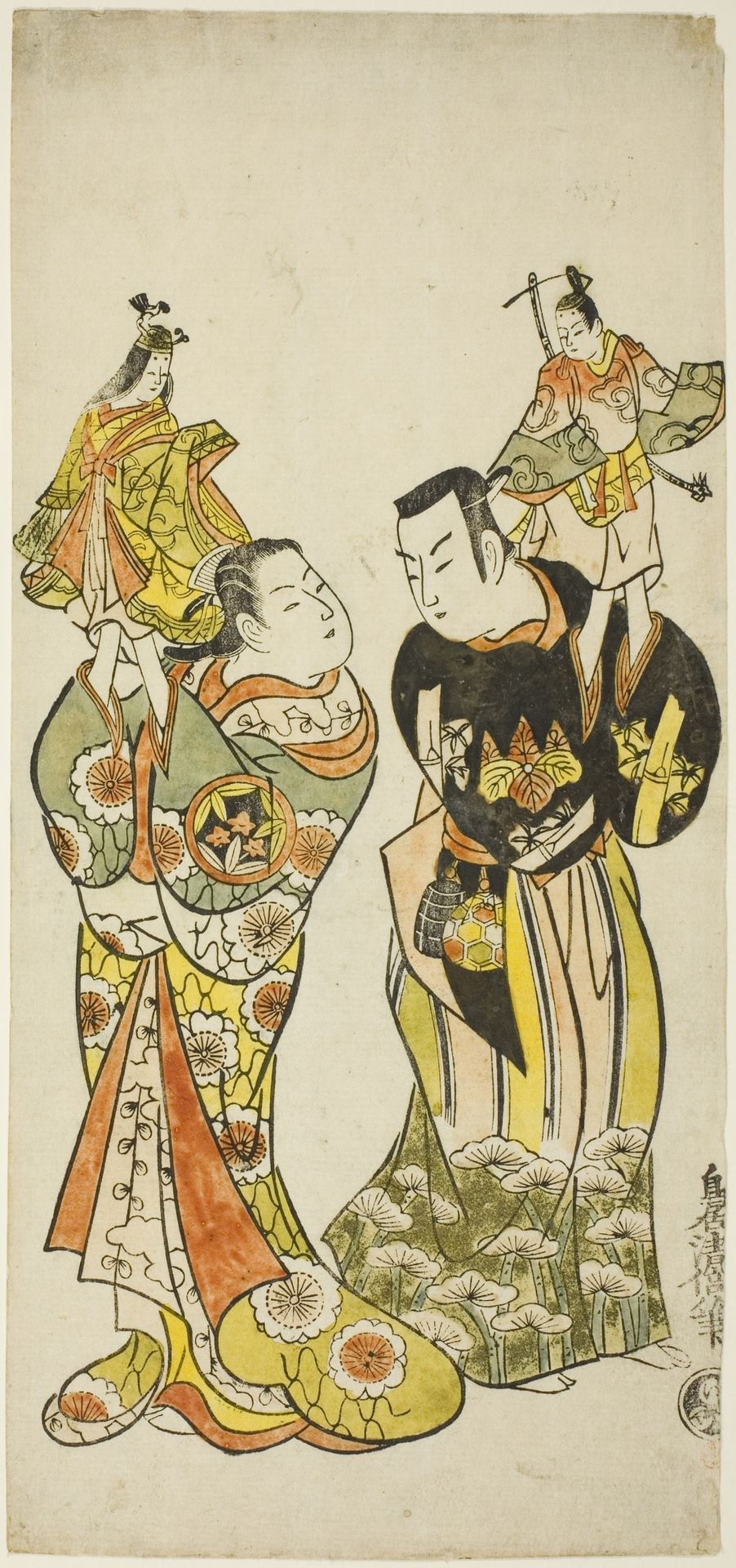 The Actors Yamashita Kinsaku I and Hayakawa Hatsuse as puppeteers in the play "Diary Kept on a Journey by Sea to Izu" ("Funadama Izu Nikki"), performed at the Nakamura Theater in the first month, 1725 by Torii Kiyomasu II