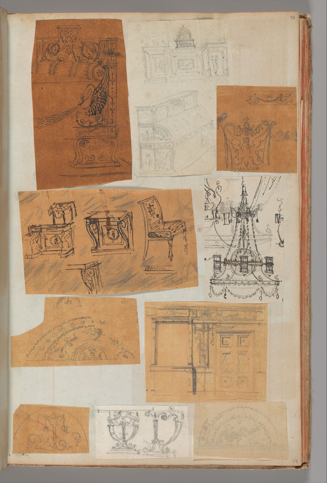 Page from a Scrapbook containing Drawings and Several Prints of Architecture, Interiors, Furniture and Other Objects by Charles Percier